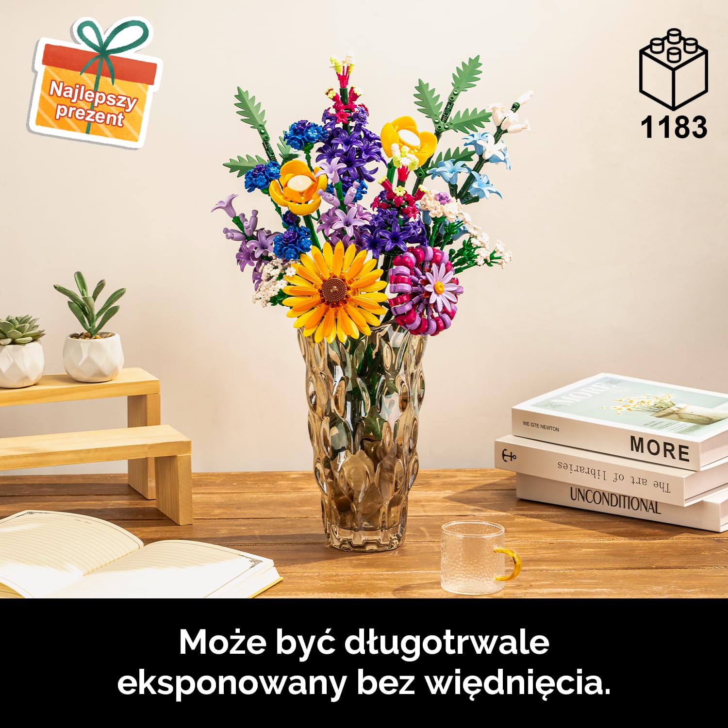 Klocki Kwiaty, 16 Dzikich Kwiatów Set Bukiet Klocków 1183 Elementów, Dekoracyjne Dalie, Chabry, Lawenda i Gerbery, Roślinna Dekoracja Wnętrz i Prezent dla Kobiet Mężczyzn Dzieci Dorosłych