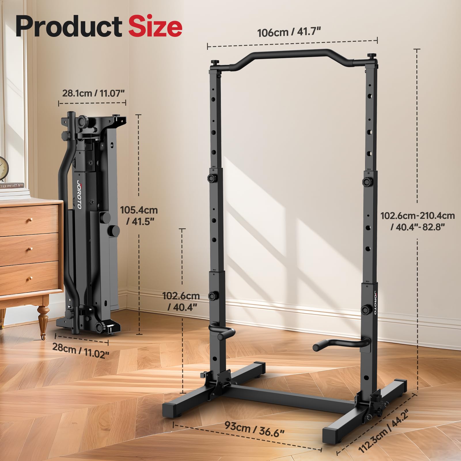 JOROTO Pieghevole Power Tower Dip Station, Regolabile in Altezza, Sbarra per Trazioni Autoportante, 5 in 1 Stazione di Allenamento per Palestra Domestica Multifunzione, Capacità di 172KG