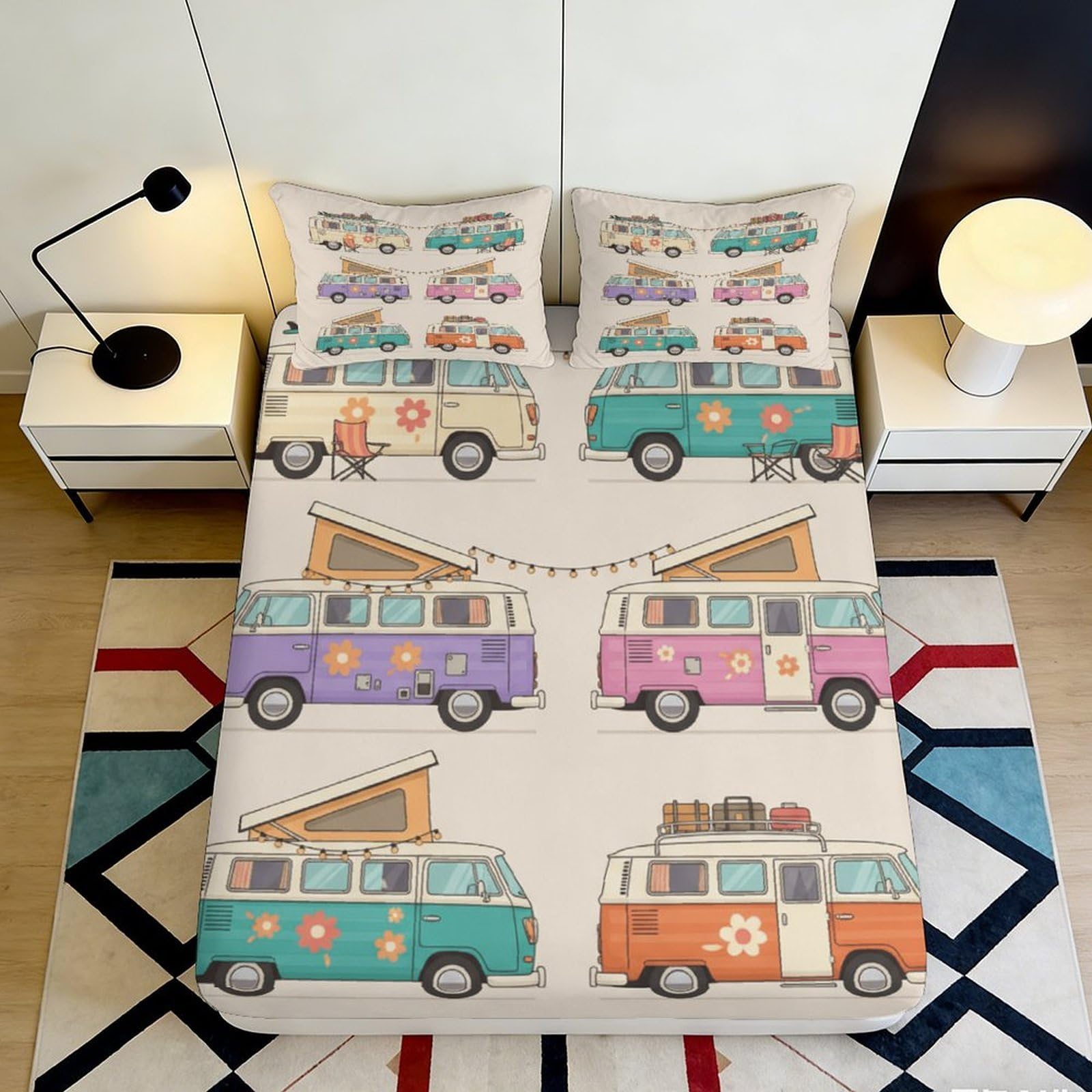3D Printed Camper Van Fitted Sheet Microfiber Retro Bus Mattress Cover for Bedroom Dorm Decoration Protection 140x200x25cm