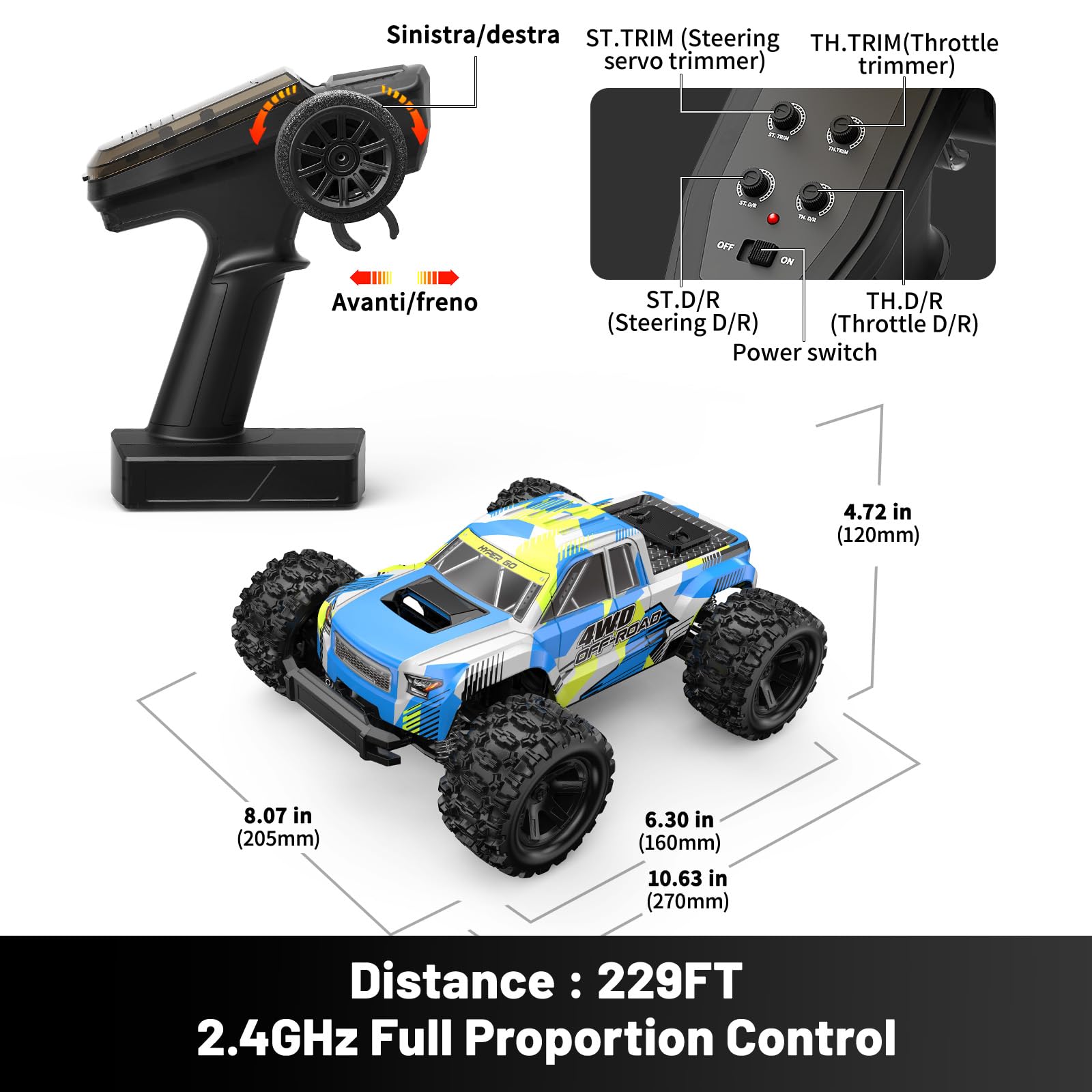 Macchina Telecomandata professionale RC Professionale 4x4 Off-Road 1/18, 36 km/h Monster Truck con Motore RC380,Ammortizzatori ad Olio,Doppia Carrozzeria e 2 Batterie 7.4V 1500mAh