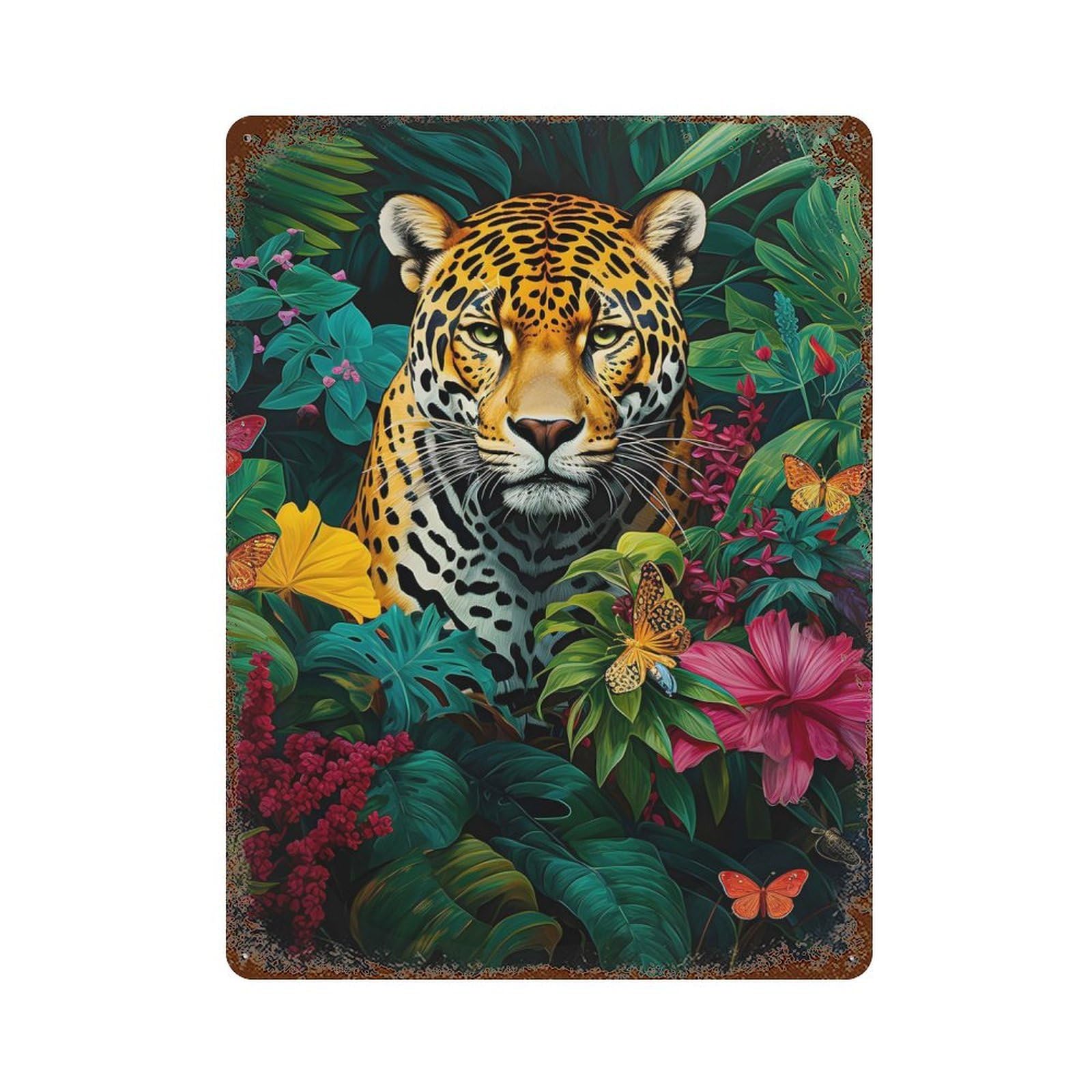 Rust Effect Jungle Blooms Jaguar Weathered Tin Sign 15.7"x11.8", Shabby Chic Decor for Cafe, Home Bar And Lounge Decor