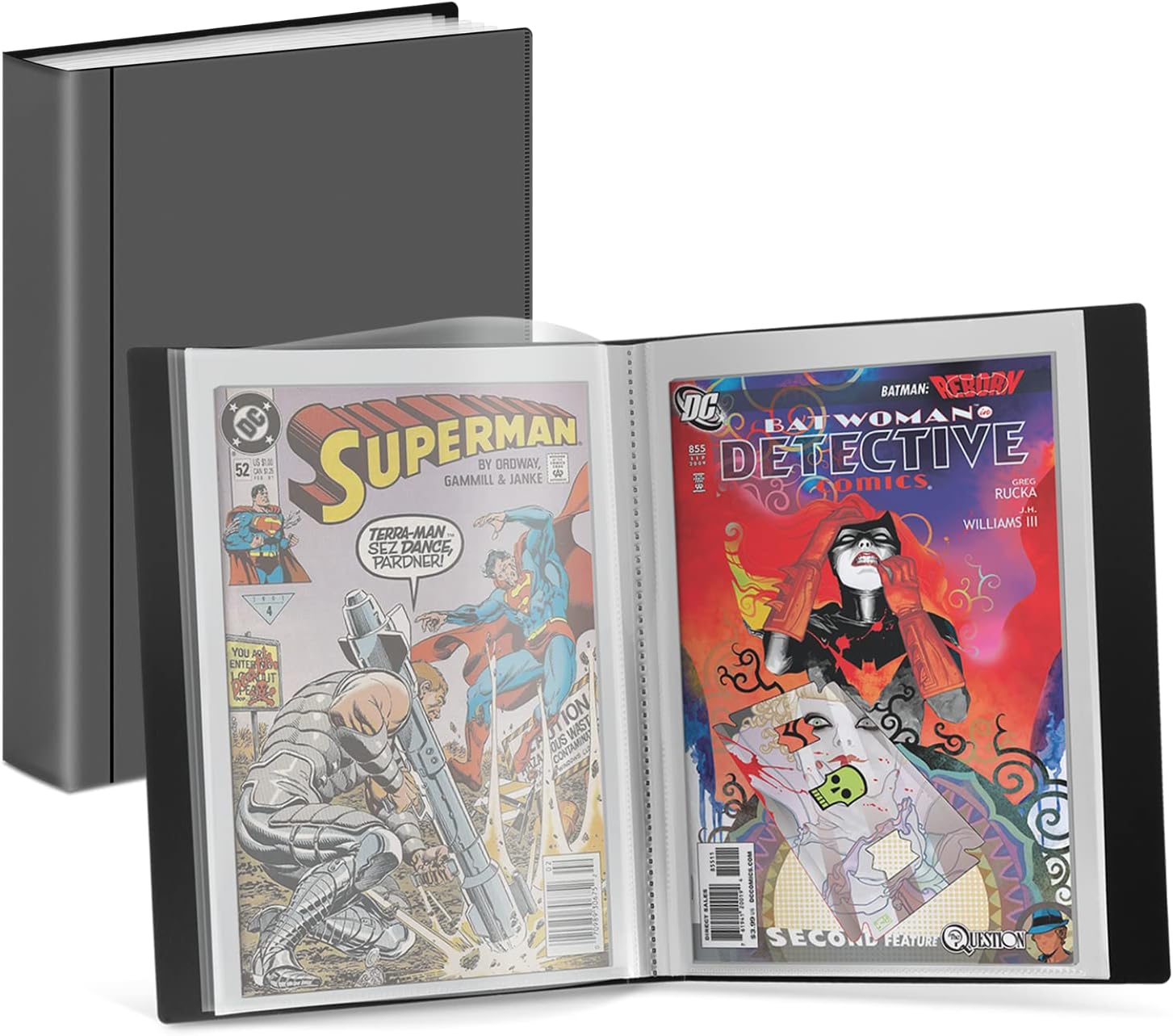 Dunwell Comic Book Storage Album - For Current, Silver Age, Regular Bagged and Boarded, Binder with 6 Super Heavyweight Sleeves, Clear View Cover and Spine, Acid-Free, Gift for Comic Collectors