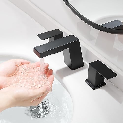 Miniatura 2 de Hoimpro Grifo de lavabo de baño negro mate de 8 pulgadas, grifo de baño de dos manijas con mangueras de suministro cUPC, grifo de lavabo de 3