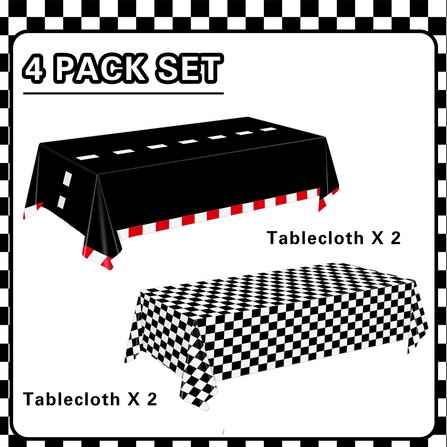 Oigco 4 Pack Racing Car Tablecloth - Race Car Birthday Party Decorations Racetrack Rectangular Tablecloth - Checkered Table Cover for Two Fast Birthday Decor, 54 x 108 Inch
