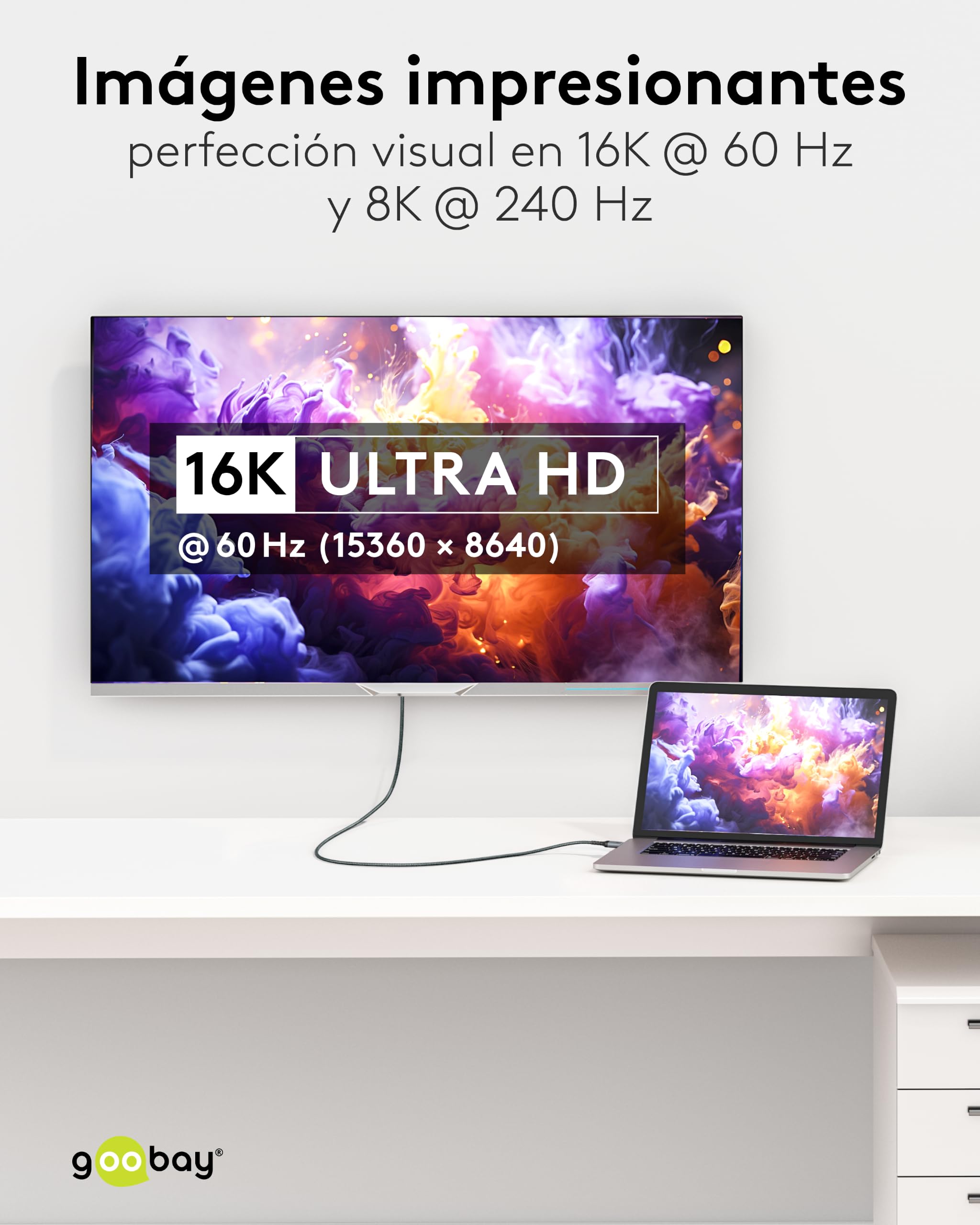 Cable HDMI 2.2 Ultra de 96 Gbit/s, 16K a 60 Hz, 8K a 240 Hz, 3 m, Textil