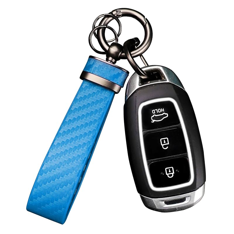 Chaveiro Automotivo de Couro com Estilo Fibra de Carbono, Mosquetão e Argola Antiperda Azul