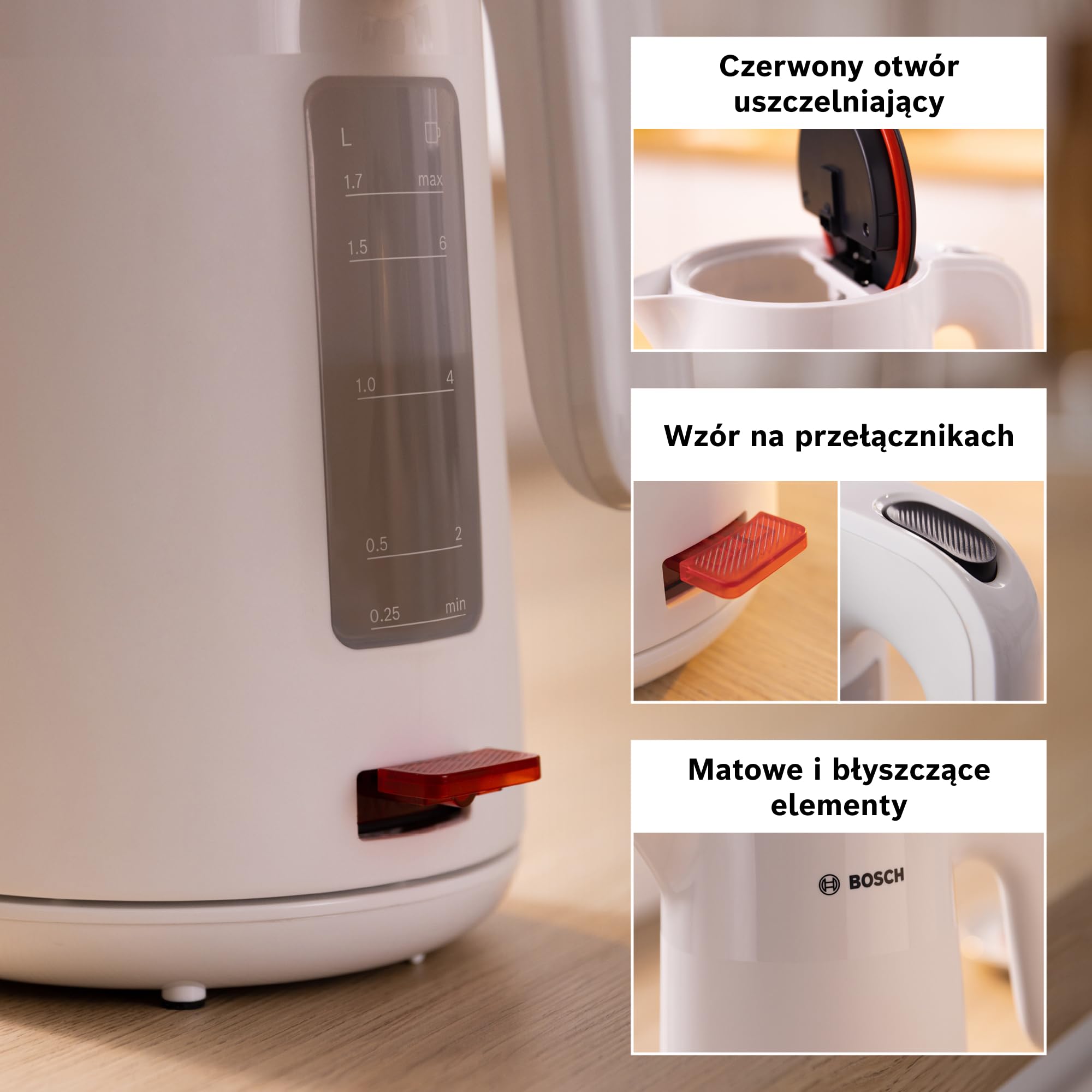 Bosch, czajnik elektryczny, MyMoment, ergonomiczna budowa, duży otwór, potrójne zabezpieczenie, filtr antyosadowy, pojemność 1,7 l, wysokiej jakości plastik, biały, TWK2M161