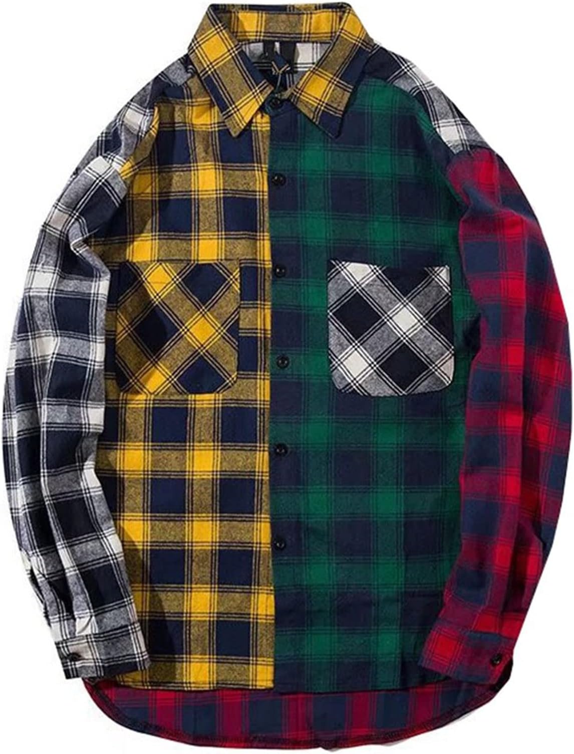 Men's Women Plaid Flannel Shirts Colour Block Long Sleeve Button Up Shirt Jackets Oversized