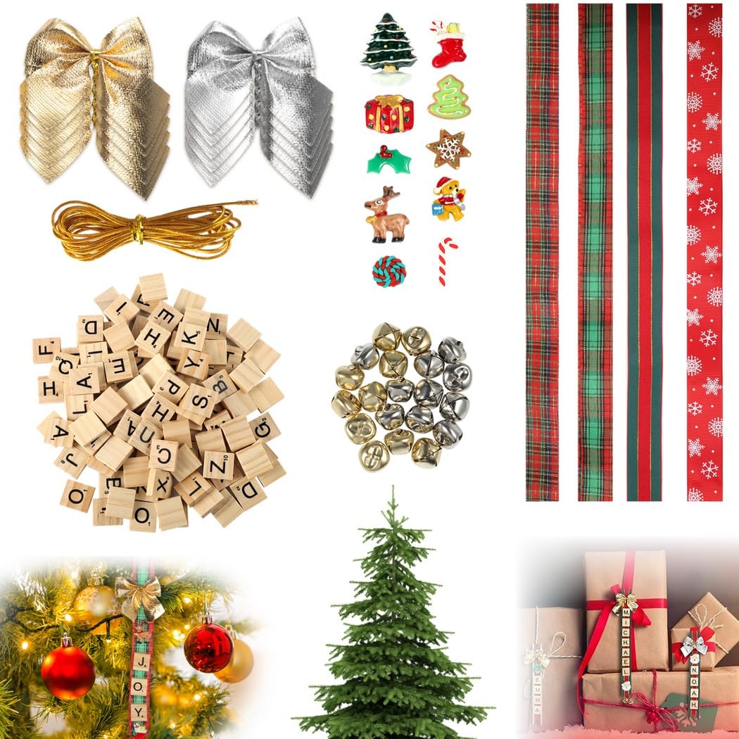 Kit de décoration de Noël à faire soi-même : créez vos propres décorations de vacances avec des rubans, des cloches et des carreaux de lettres