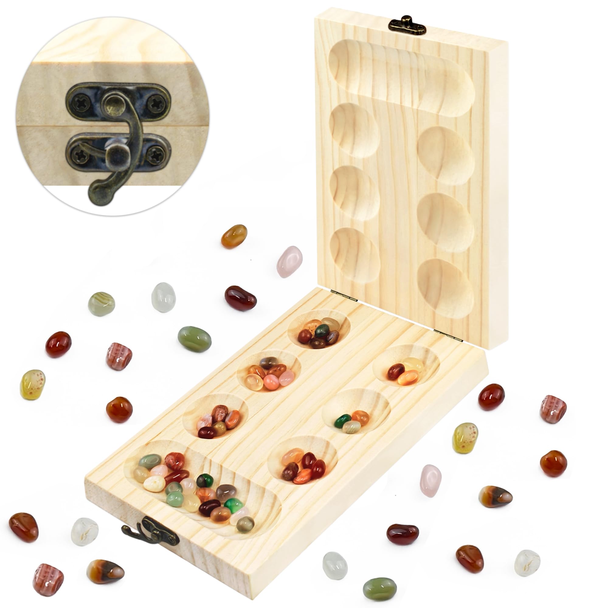 Mancala Brettspiel - Steinchenspiel - Kalaha - Strategiespiel Verdicktes Naturholz + Schöne Bunte Steine + Aufbewahrungsbeutel Intelligenzspiel Geeignet für Freunde Familie und Kinder [Steine]