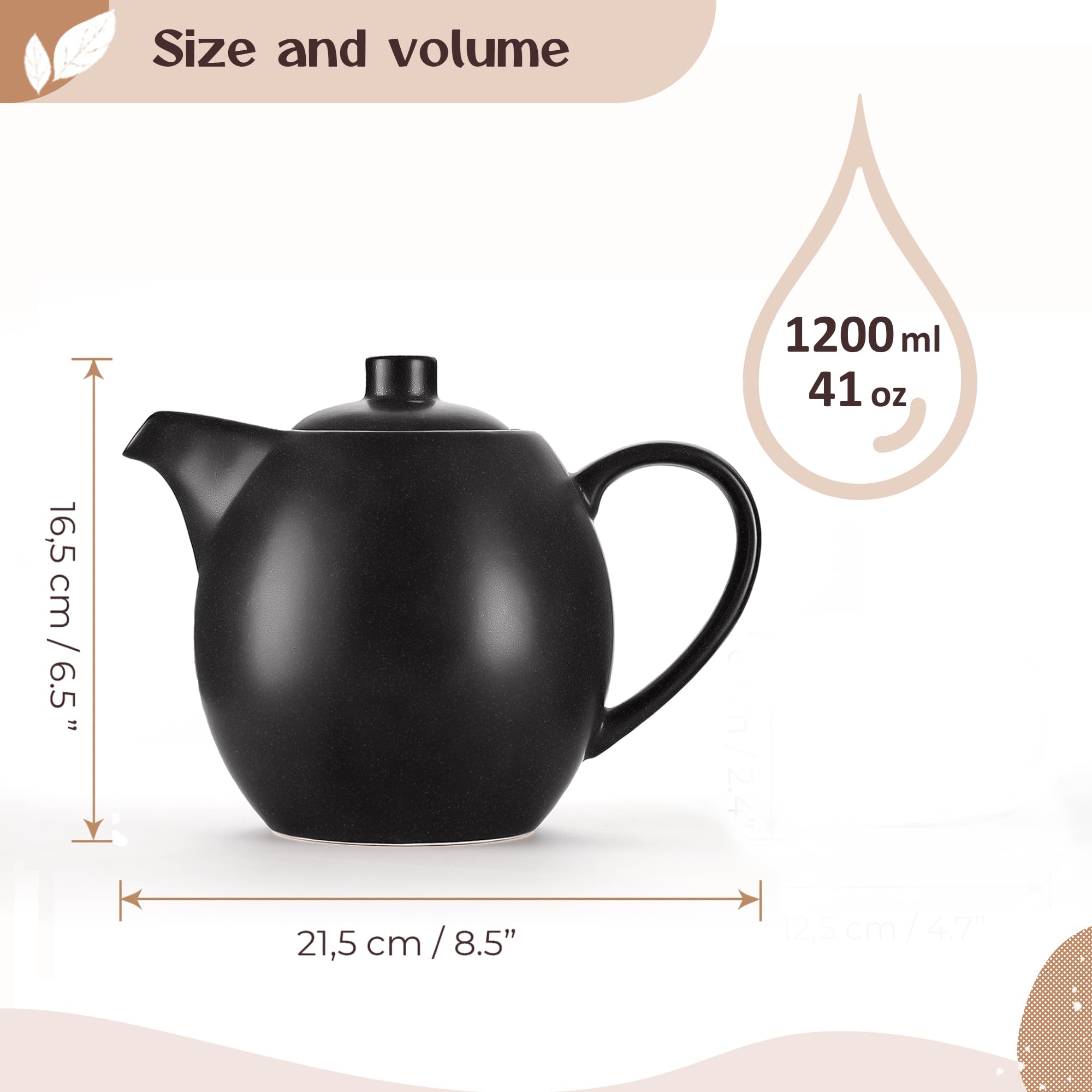 Tetera con colador de cerámica – 1,2 l – Tetera de cerámica negra (antracita) – Teapot Pot Ceramic – Tetera de gres – Accesorios para té – Tetera para té suelto