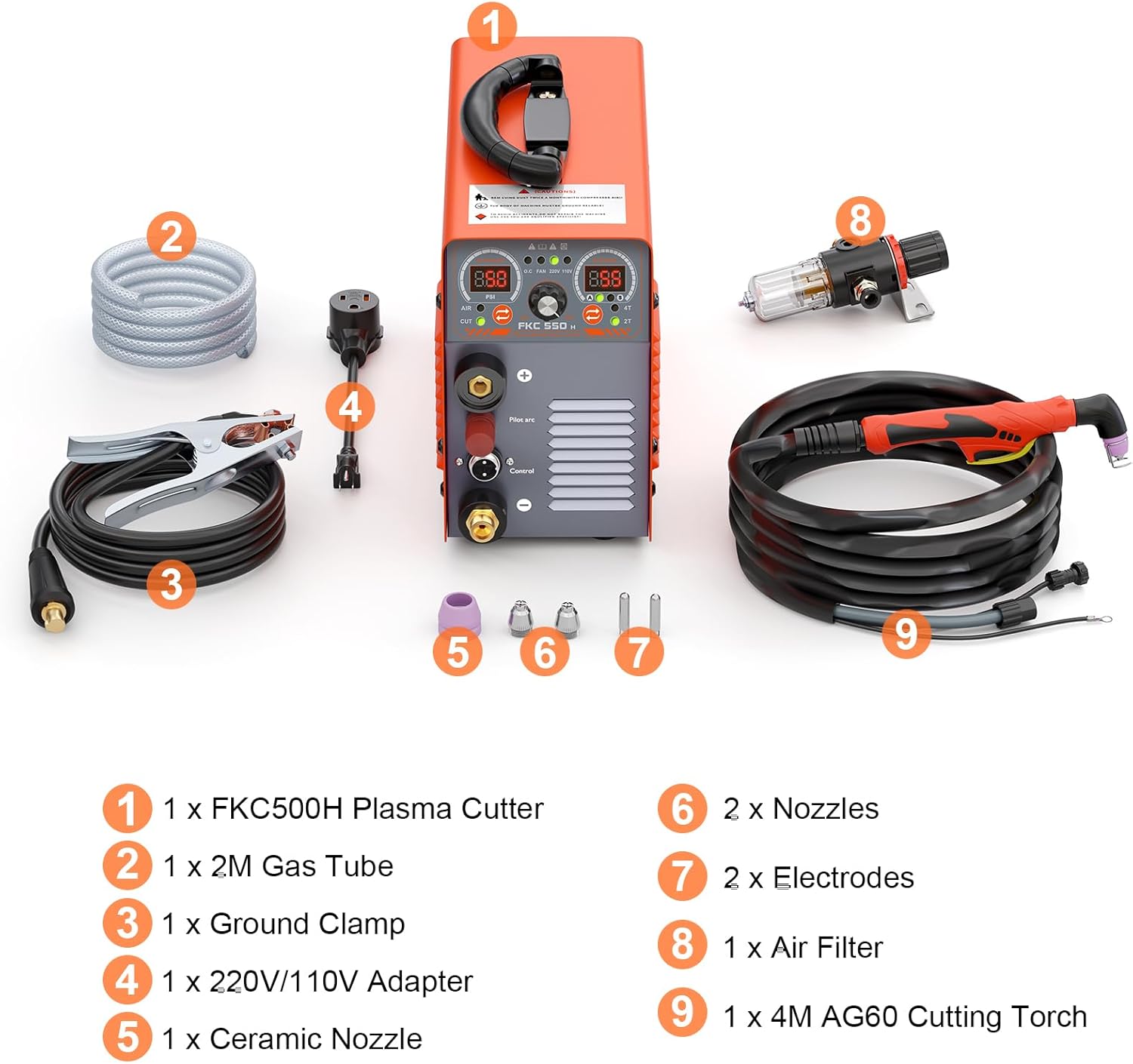 All components included with the FEIFANKE FKC-550H Plasma Cutter, laid out and numbered