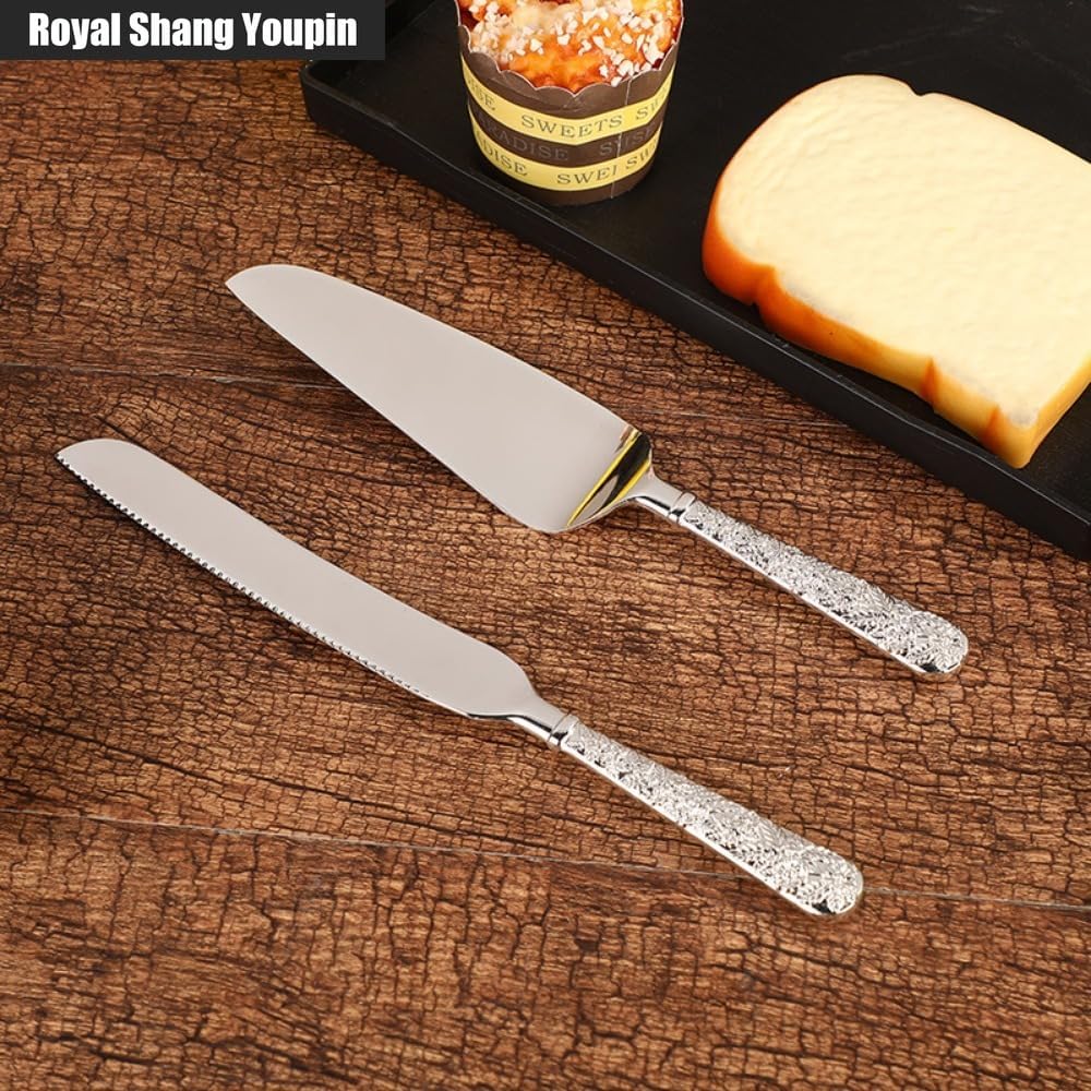2-piece Light Luxury Classical Style Exquisite Carved Cake Blade Server Set Bread and Pizza Cutting Tool Scraper Household Tableware (Silver)