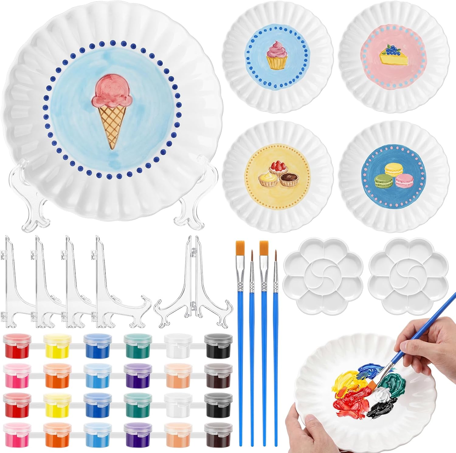 Domensi 4 Pack Ceramic Plate Painting Kit for Kids Paint Your Own Porcelain Plates DIY Summer Birthday Plates Craft Food Safe Includes Wave Ceramic Plate Paints Brushes Stands for Decoration Gifts
