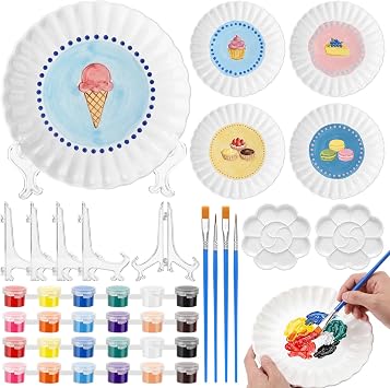 Domensi 4 Pack Ceramic Plate Painting Kit for Kids Paint Your Own Porcelain Plates DIY Summer Birthday Plates Craft Food Safe Includes Wave Ceramic Plate Paints Brushes Stands for Decoration Gifts