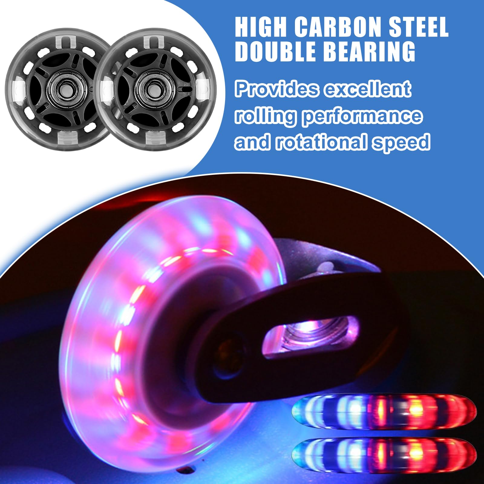 4Pcs Ruota per Monopattino 80MM, Ruote Luminose per Scooter, Ruote di Ricambio per Scooter 80MM, Stunt Scooter Ruote, con Cuscinetti a Sfera ABEC-9, Unisex Adulto (Blu + Nero)