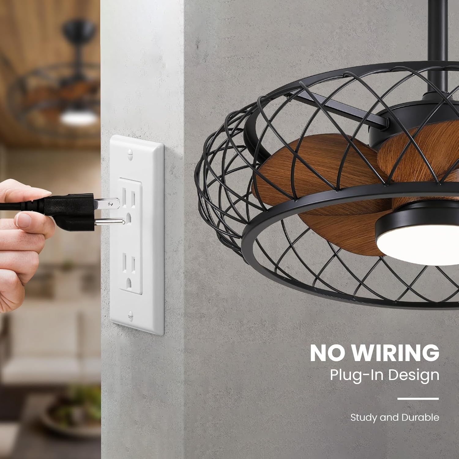 CROSSIO 24" Outdoor Ceiling Fan with Lights Hanging Plug in Caged Outdoor Fan Remote APP Control 3CCT Dimmable, Quiet Reversible DC Motor Waterproof for Patio Pergola Porch Canopy Walnut