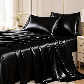 CozyLux Satin Sheets California King, 4-Piece 14-Inch Deep Pocket Set | OEKO-TEX Certified Silky Soft Sheet Set for Hair & Skin, Luxurious Silky-Smooth Satin for Elegant Bedroom Decor, Black