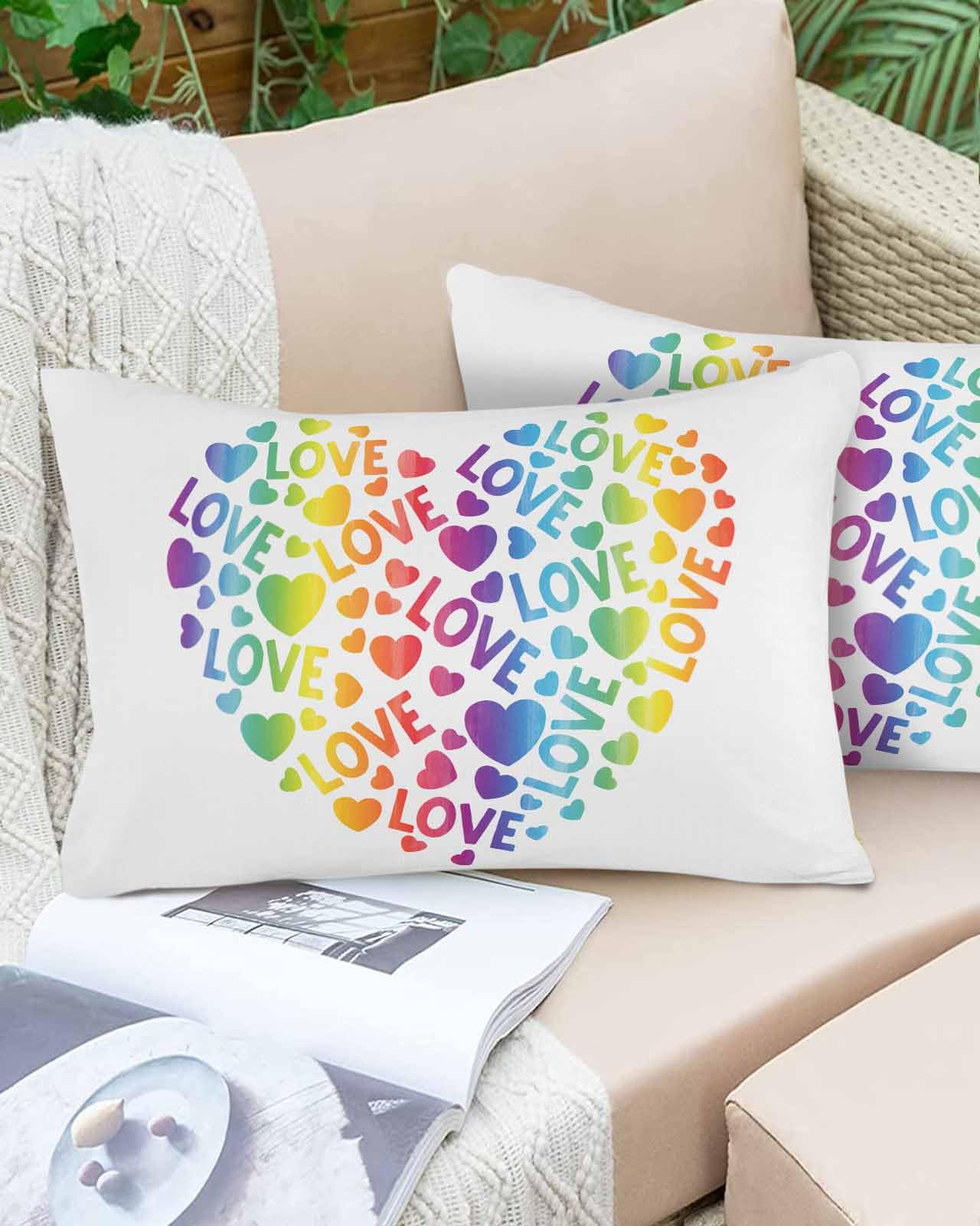 Boanket Lumbar Pillow Covers 12 x 20 Inches, Colorful Love Heart Waterproof Throw Pillow Cover Set of 2, Watercolor Rainbow Ombre Home Decorative Rectangle Cushion Covers for Patio/Tent/Couch/Garden