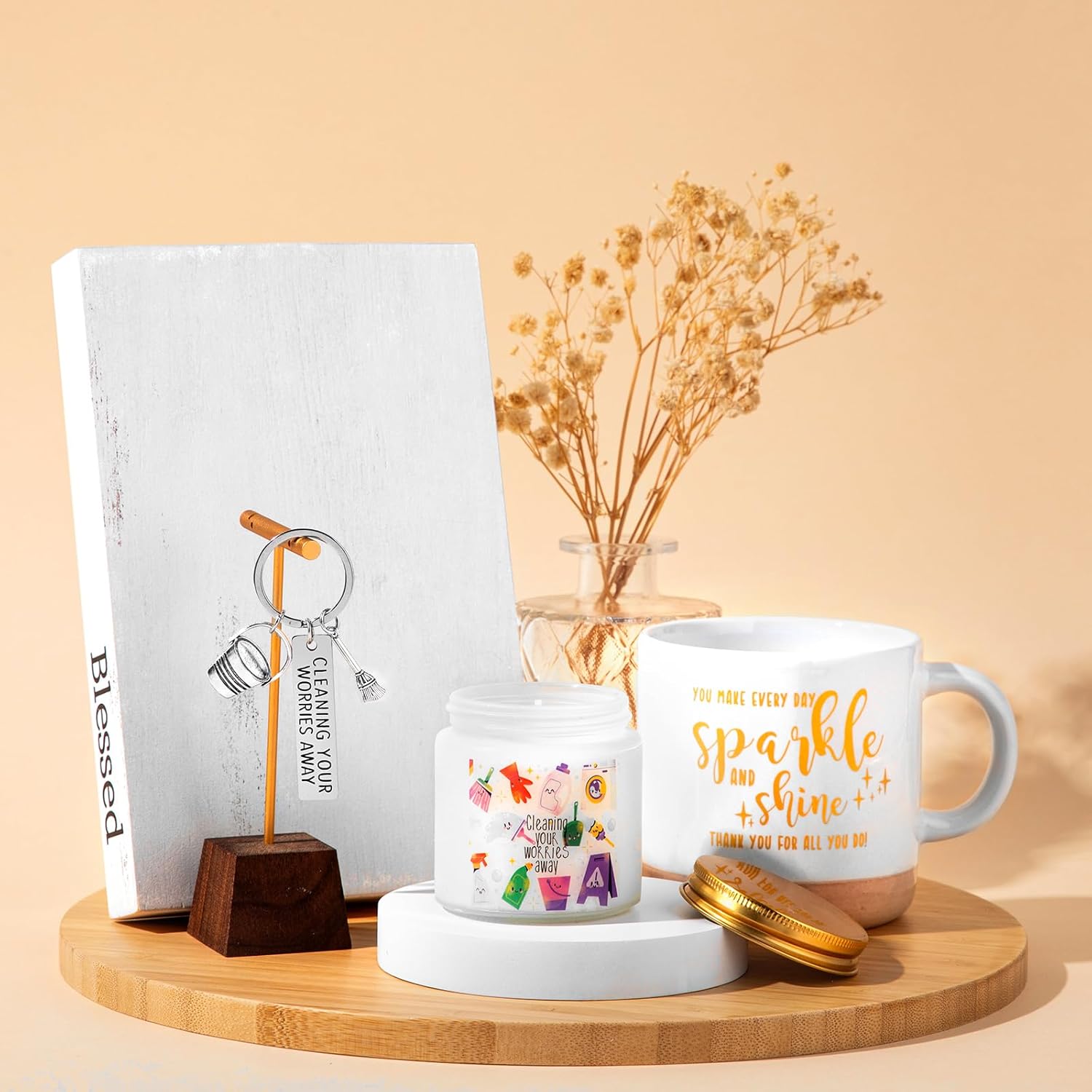 Nuanchu 3 Pcs Housekeeper Custodian Gifts Scented Candle 12.85 oz Thank You Mug Stainless Steel Keychain Cleaning Your Worries Away Stress Relief Gifts for Nurse Teacher Volunteer Team