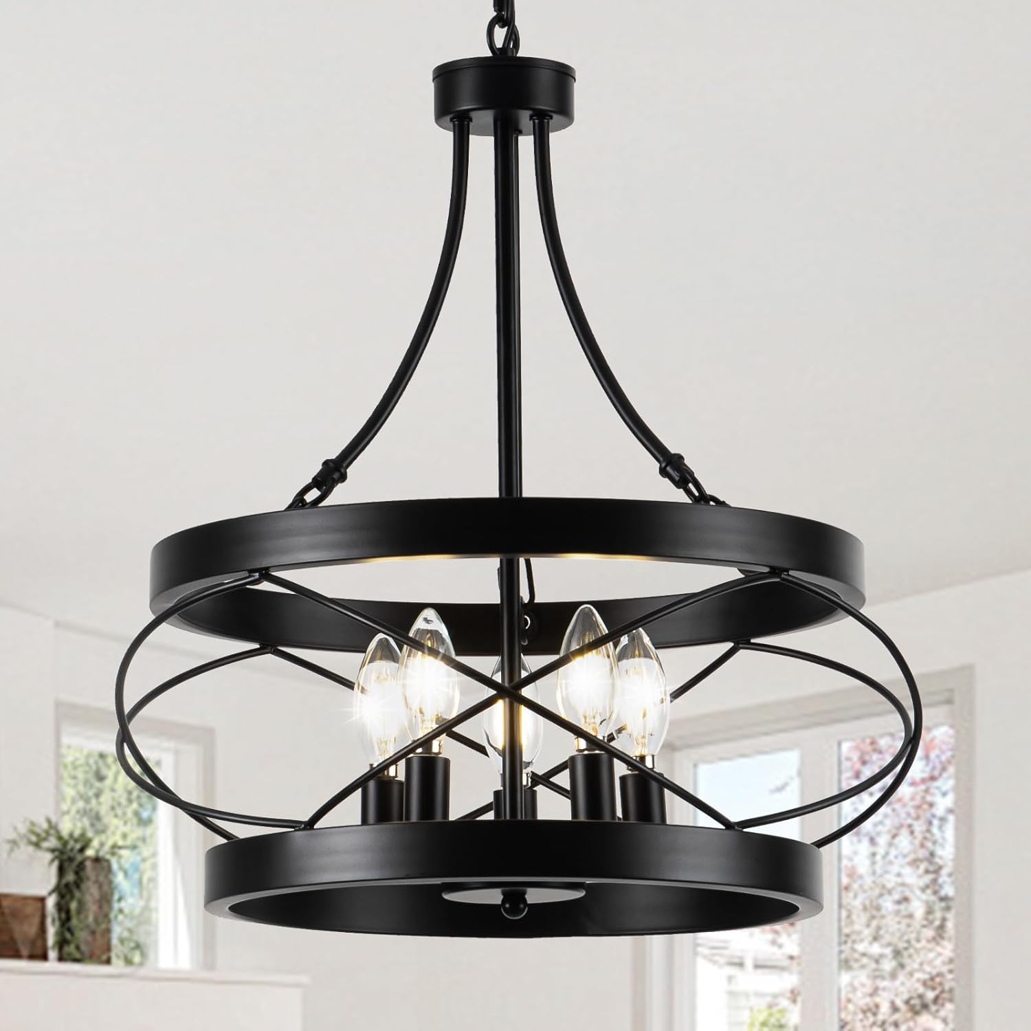 5-Light Farmhouse Chandelier, 17.72" Rustic Drum Dining Room Light Fixture, Black Chandeliers Hanging Pendant Lighting, Industrial Candle Chandeliers for Living Room Kitchen Entryway Bedroom Black 17.72"?E12?