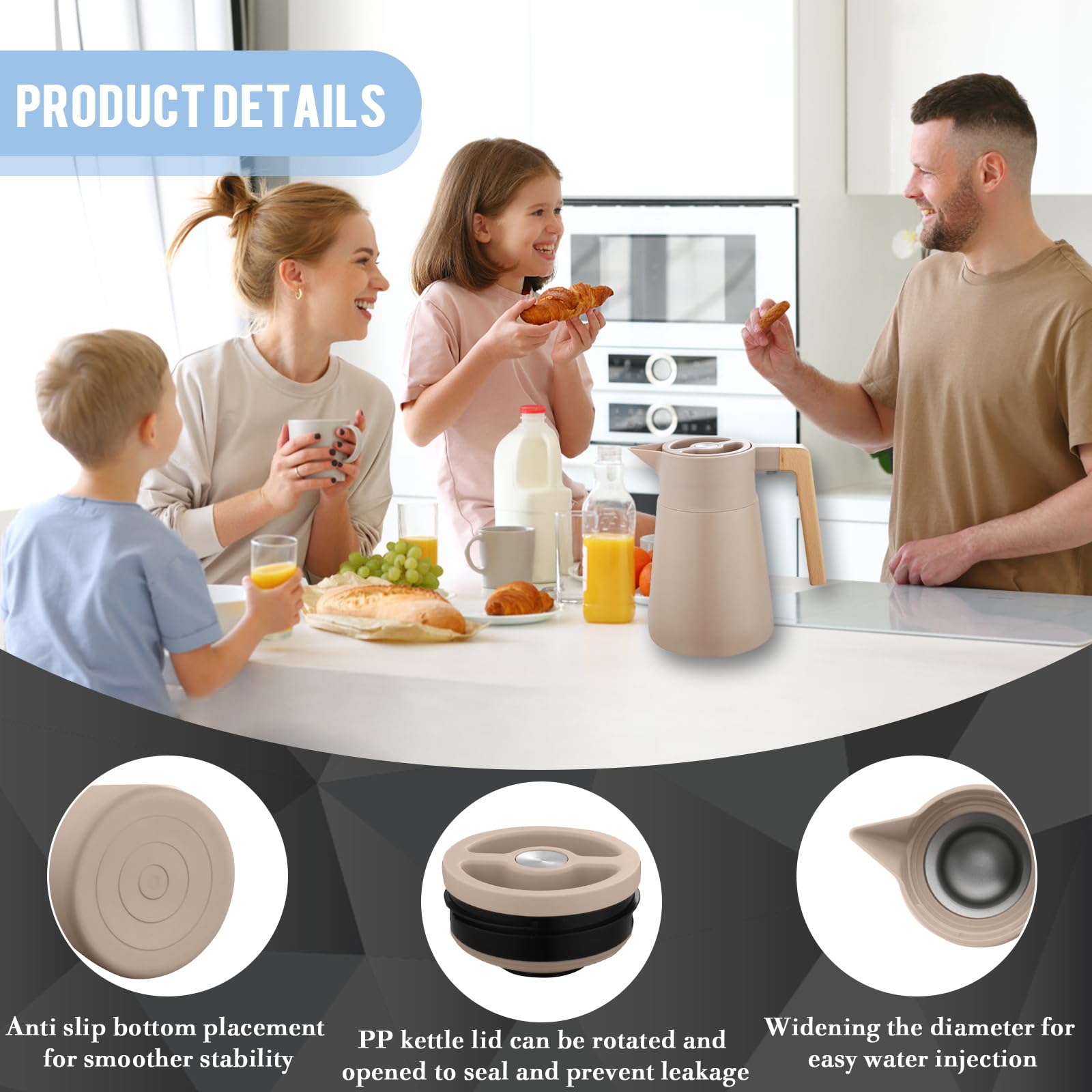 Thermoskanne Kaffeekannen Edelstahl 18/10, Vakuum Isolations, Grosse Kapazität, Mit Holzgriff, Thermosflasche Für Heißen Und Kalten Tee Kaffee, Isolierkanne, Für Home Office Hotel (Khaki,1.5L)
