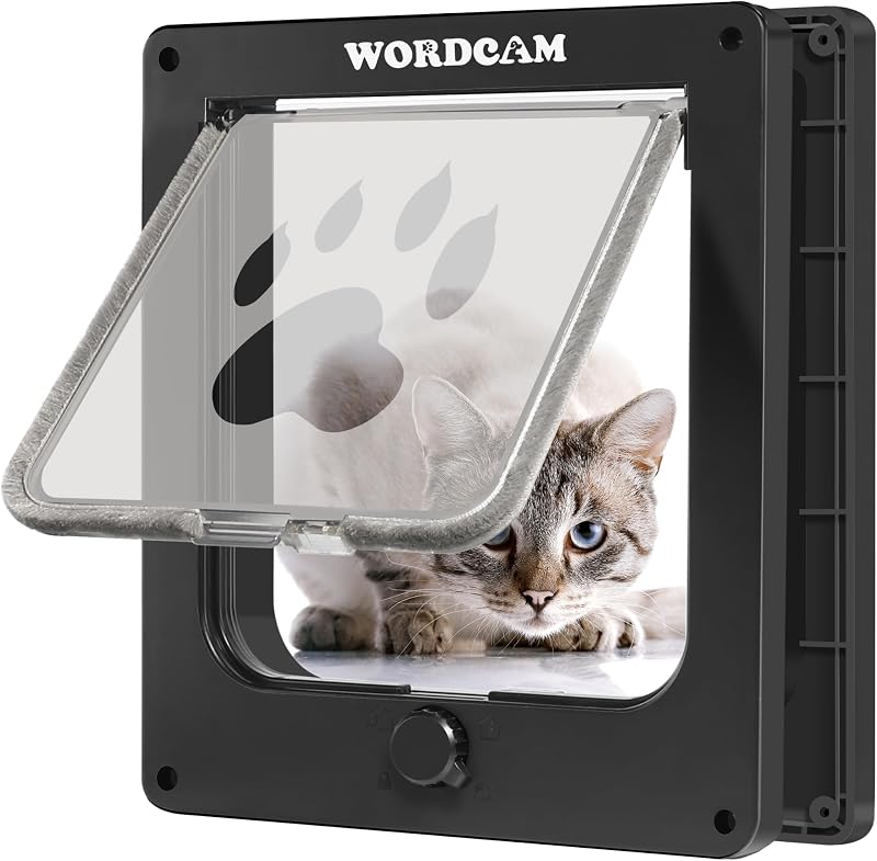 Porta para Gatos Grande Wordcam com Trava de 4 Modos, Moldura em ABS, Preta