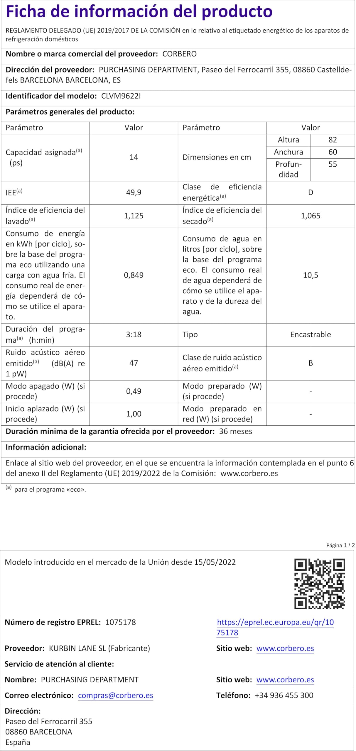 Corberó CLVM9622I Lavavajillas Integrables 14 Cubiertos, 8 Programas, 5 Temperaturas, Inverter, Inicio Diferido, Función Media Carga, 3ª Bandeja, Función Auto Lavado, Auto Door, 47 Db, E. Energética D