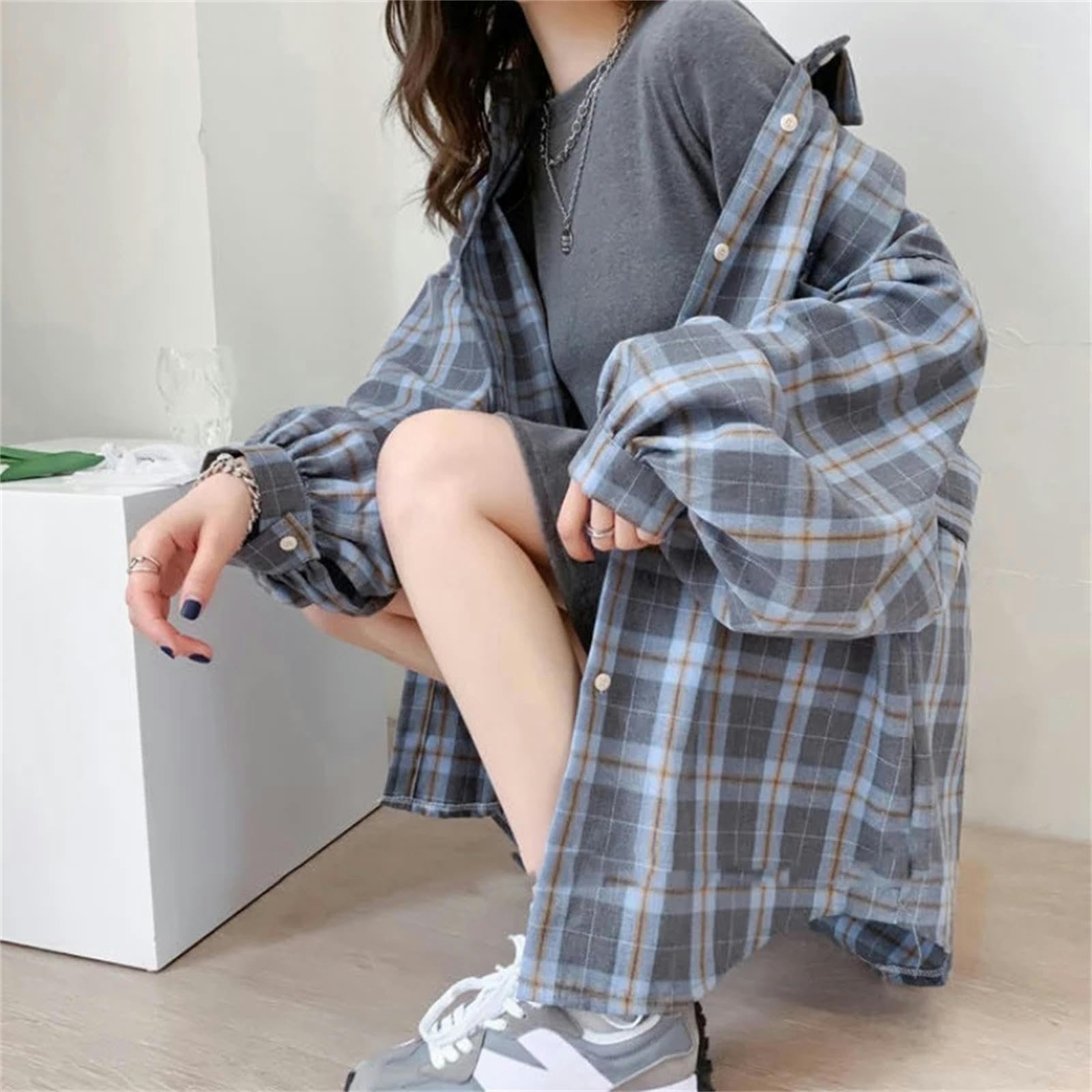 Camicia Camicie A Quadri Donne in Moda Top Oversize Top Giornaliere A Maniche Lunghe A Tutta Partita Camicette