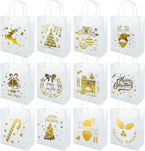 Miniatura 1 de Shindel 12 bolsas de regalo doradas de Navidad bolsas de regalo transparentes de Navidad bolsas de compras y mercancías impresiones de invierno para