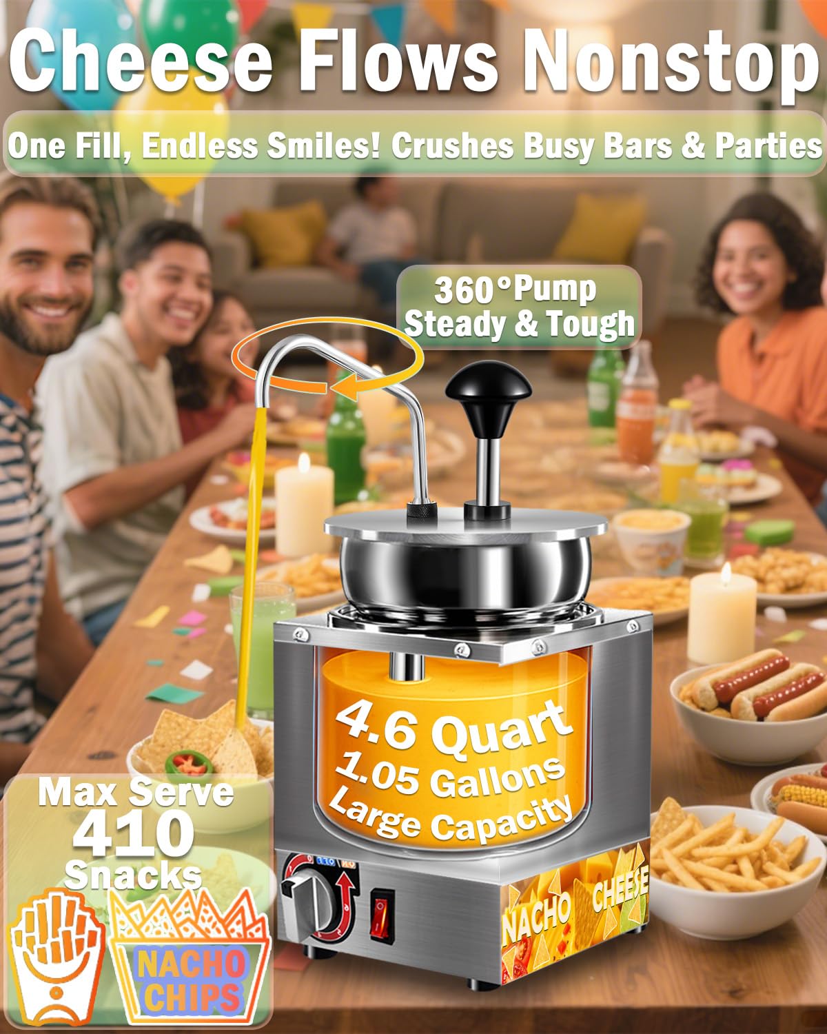Dispensador de queso Nacho, calentador de queso nacho de 4.6 cuartos de galón con bomba de acero inoxidable, calentador de dulce caliente con ajuste de temperatura de 6 niveles, máquina dispensadora