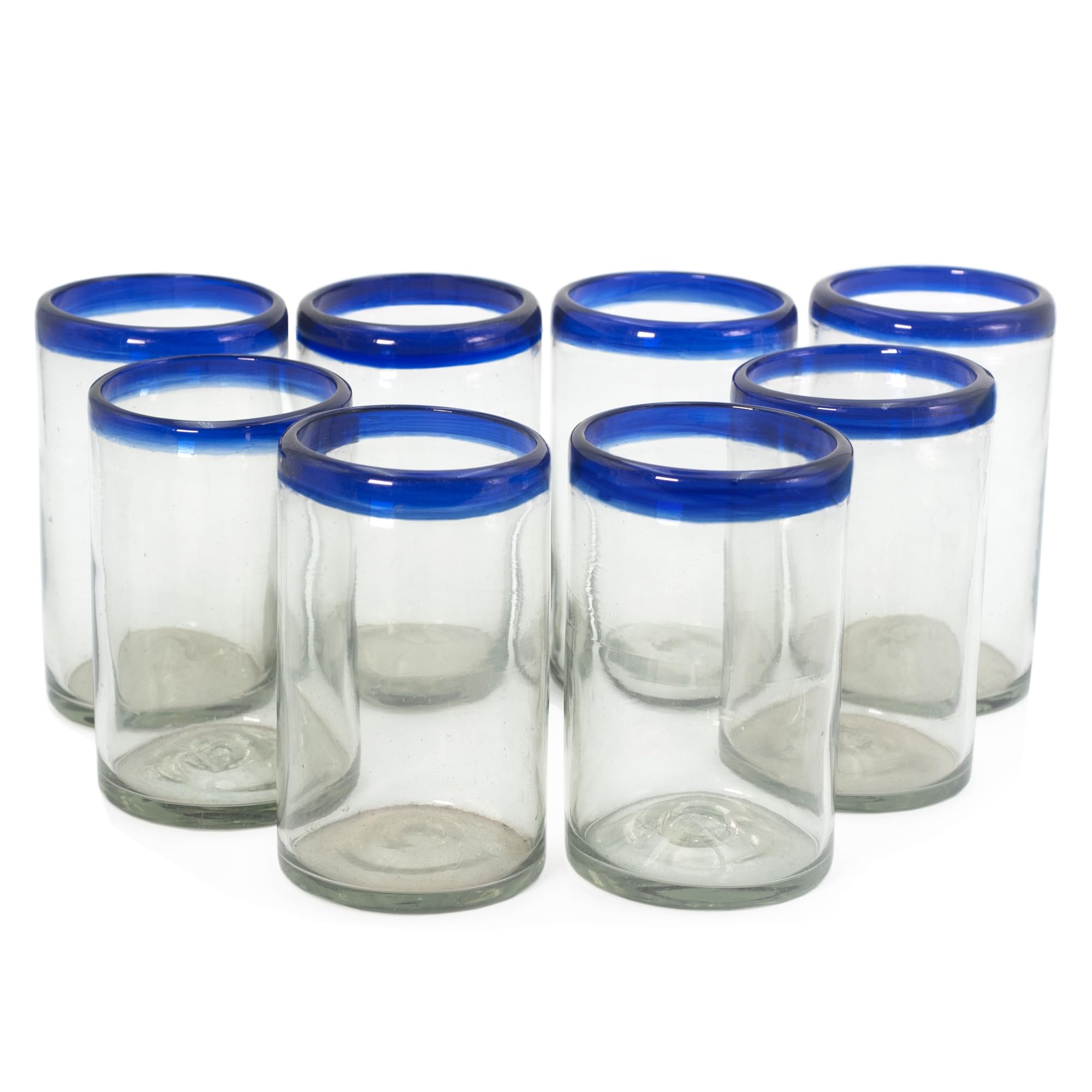 Mundgeblasene mexikanische Gläser, authentische handgefertigte Trinkgläser, 400 ml, kobaltblauer Rand, perfekt für Wasser, Säfte, Softdrinks oder Bier, 8 Stück