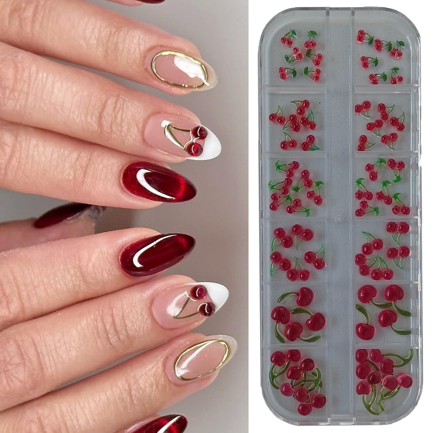 S.A.V.I 3D Cherry Nail Art Charms Set (62 Pcs) | Red & Green Resin Mini Fruit Designs | Mixed Sizes | Glossy Finish | DIY Nail Decoration | 12-Grid Storage Box-image-44