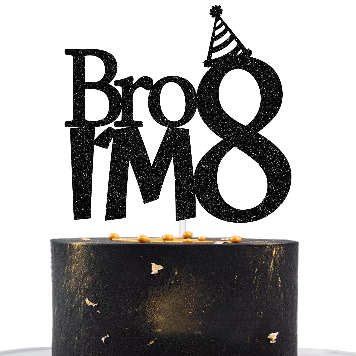 Bro I'm 8 Black Glitter Cake Topper - Funny 8th Birthday Party Decorations for Boys, Big Brother Themed Birthday Party Supplies