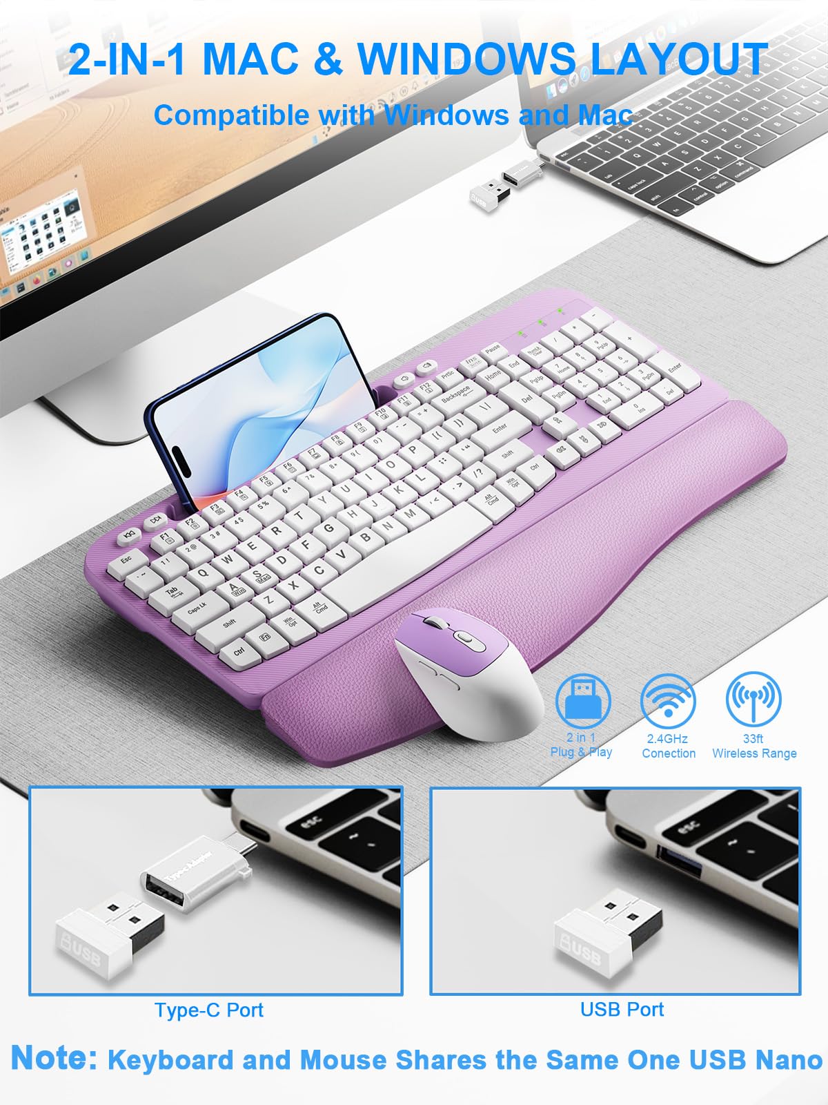 Bezprzewodowa klawiatura i mysz, klawisze falowe, bezprzewodowa, ergonomiczna klawiatura z amortyzowanym podparciem Plam, uchwyt na telefon, cicha, bezprzewodowa klawiatura 2,4 GHz, zestaw myszy do