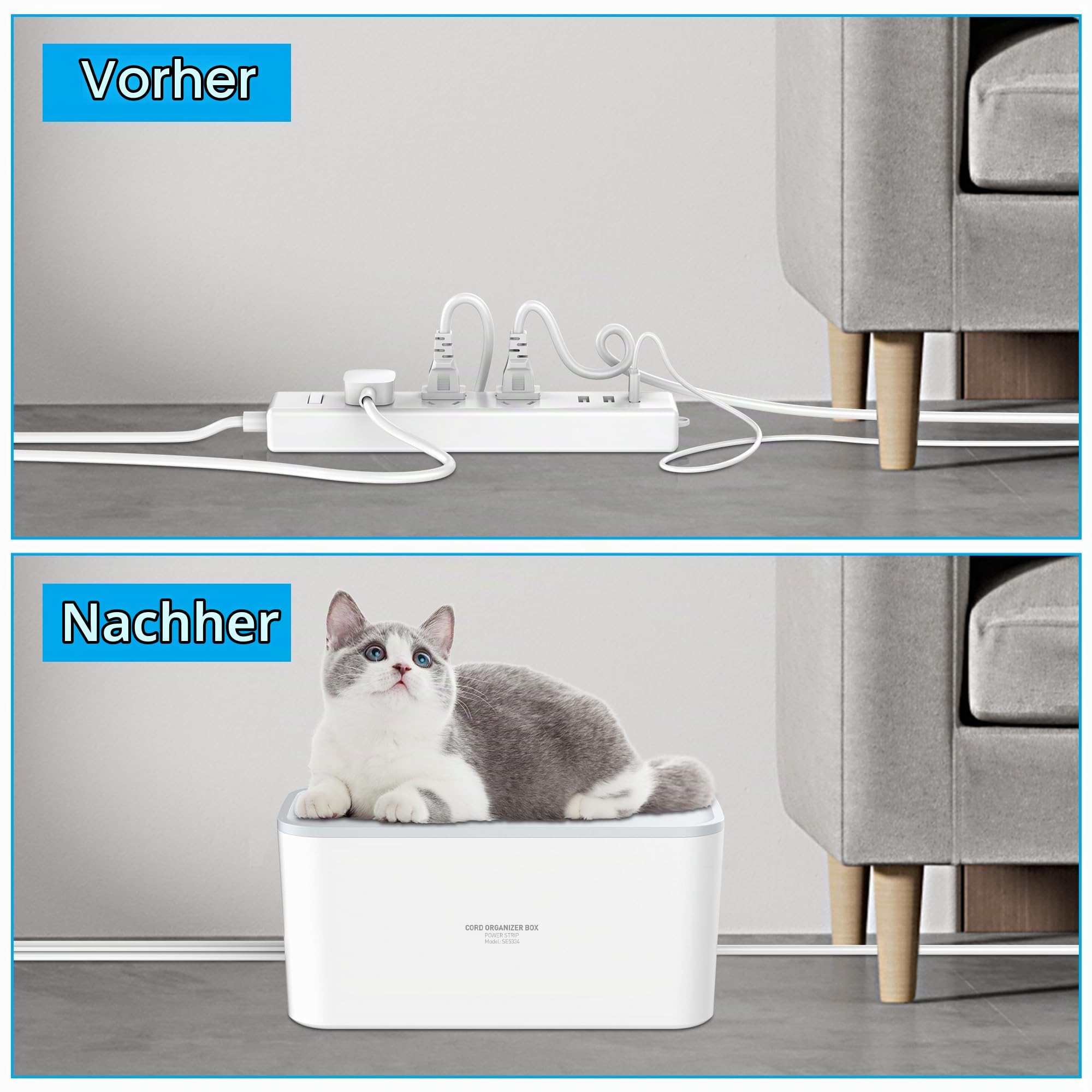 Kabelbox mit Steckdosenleiste USB C Überspannungsschutz 5-Fach Mehrfachsteckdose mit 3 USB Ladeanschlüsse, Kabel Organizer Box Steckdosenadapter, 29,5 x 14 x 14 cm, 5m Kabel, Weiß