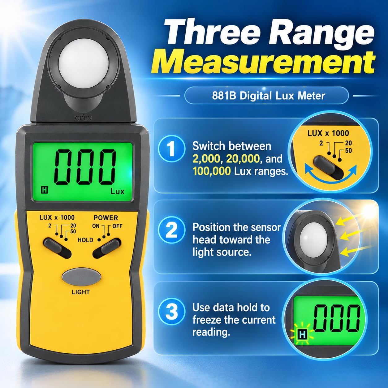 Fotómetro, Rango 1-100.000 Lux, Sensor Separado, Repetibilidad ±2%