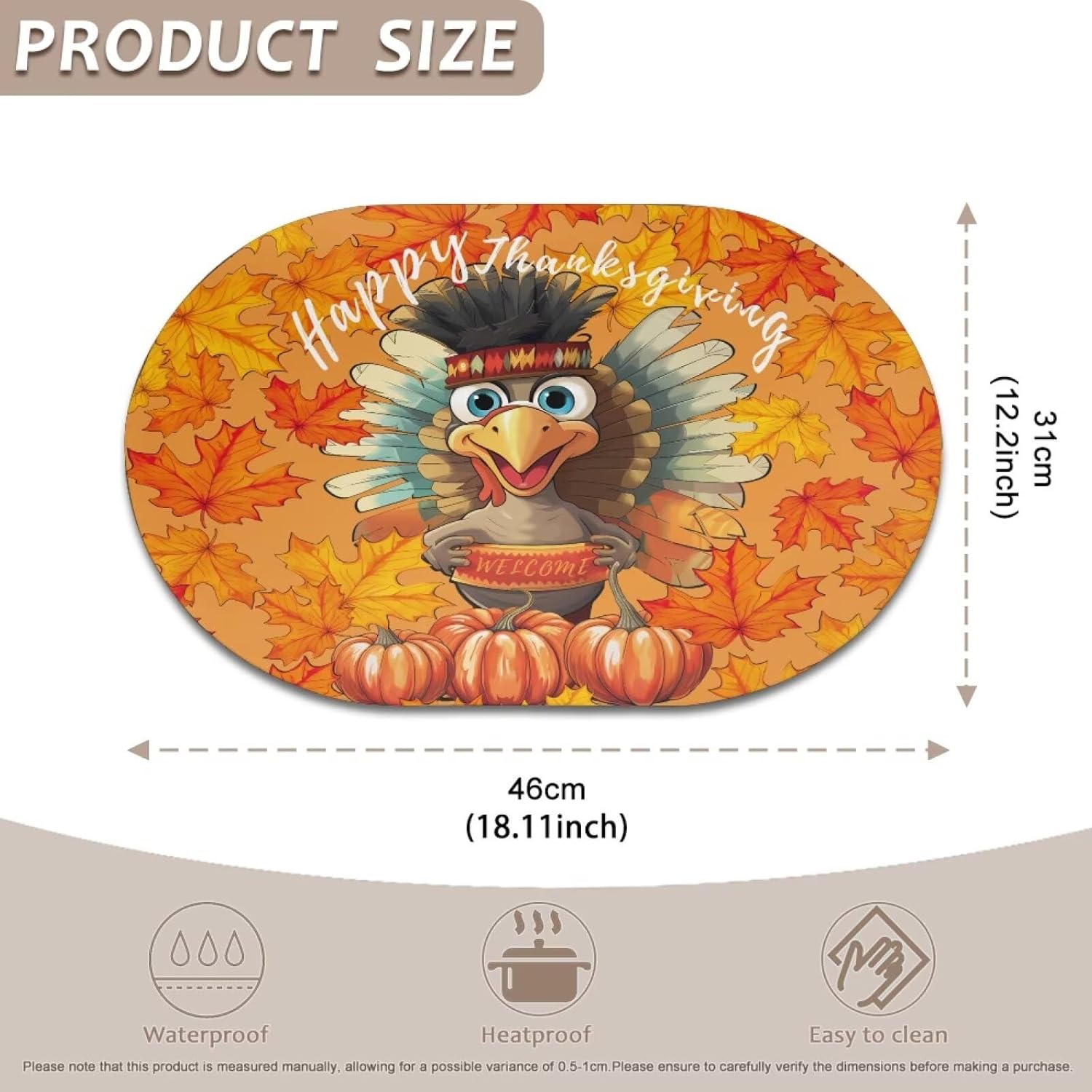 Happy Fall Turkey Pumpkins Table Placemats Oval Placemats Set of 6 Faux Leather Design Double Sided Place Mats Kitchen Placemat Set for Wedding, Birthday, Garden Party Accessory Decoration