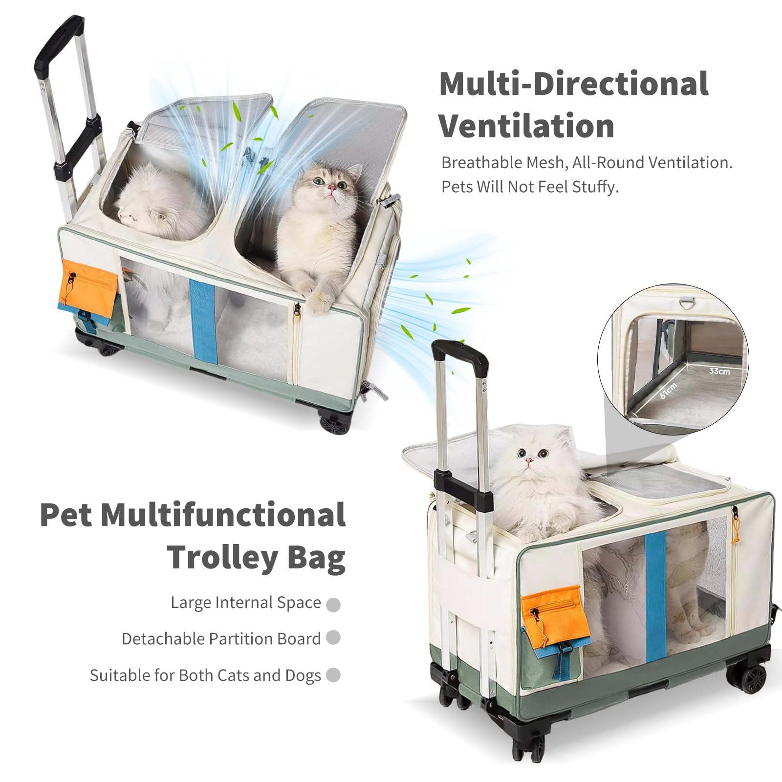 PETCUTE Transportín Doble para 2 Gatos con Ruedas,Transportador Rodante para Mascotas con Base Extraíble y Correas de Seguridad,Plegable Bolsa de Transporte para 2 Gatos Pequeños Perros Conejos