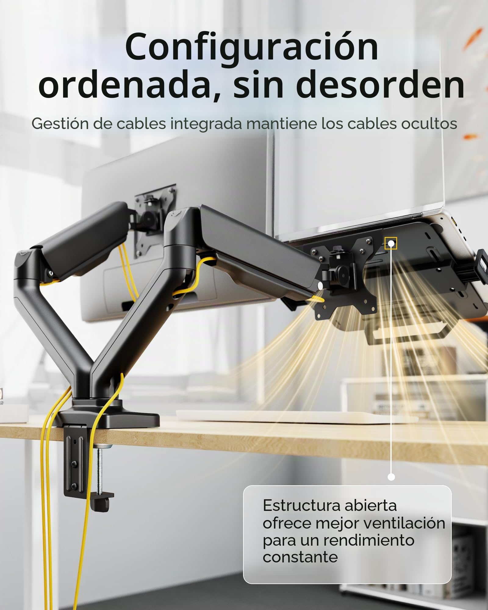 monTEK Brazo Soporte 2en1 Monitor 17-32" Portátil 12-18", VESA 75/100mm | Incluye abrazadera y pasacables de mesa, brazo ergonómico ajustable, montaje rápido, ahorra espacio para oficina y hogar