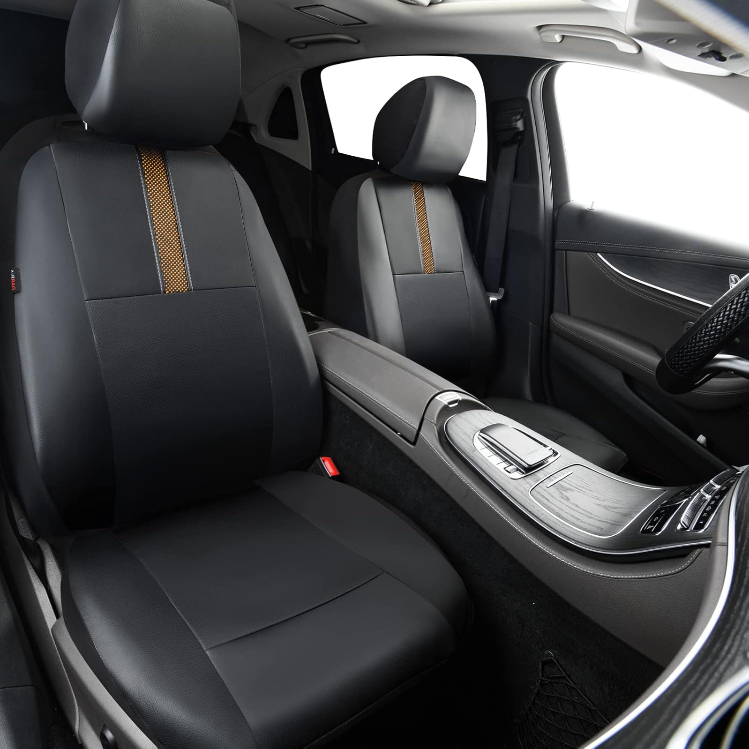 CAR-GRAND Faux Leather Car Seat Covers Full Set, Breathable Automotive Front and Rear Seats Covers, Airbag Compatible Unviersal Fit for Cars Sedans SUV Pickup Trucks, Black and Beige