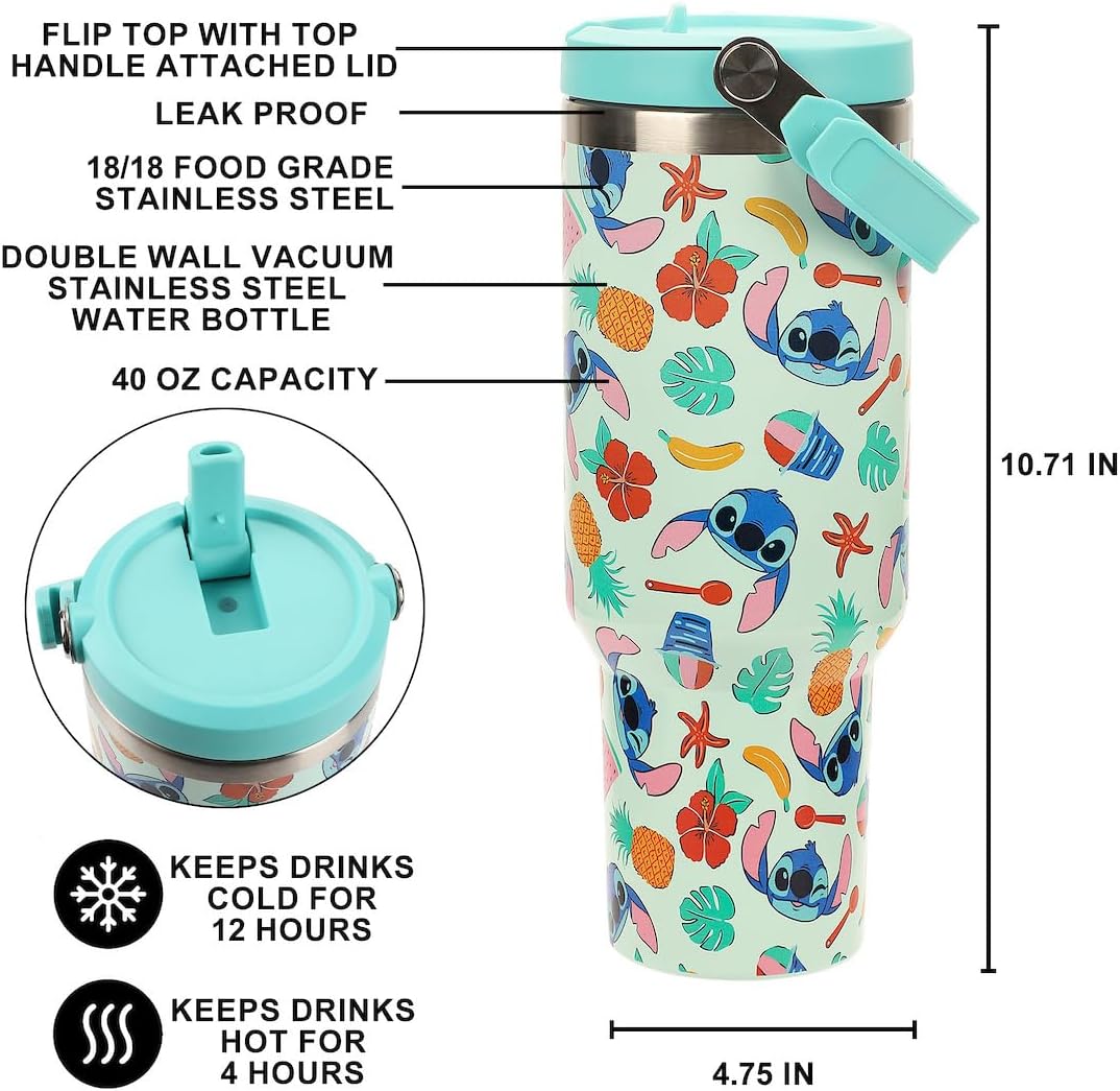 Bioworld Lilo & Stitch All-Over Tropical Stitch Print Blue 40 Oz Stainless Steel Water Bottle - Image 2