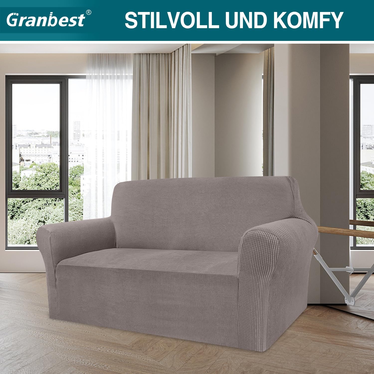 Granbest - Copridivano altamente elasticizzato, moderno, in tessuto jacquard, per soggiorno, protezione per cani e animali domestici (4 posti, grigio tortora)