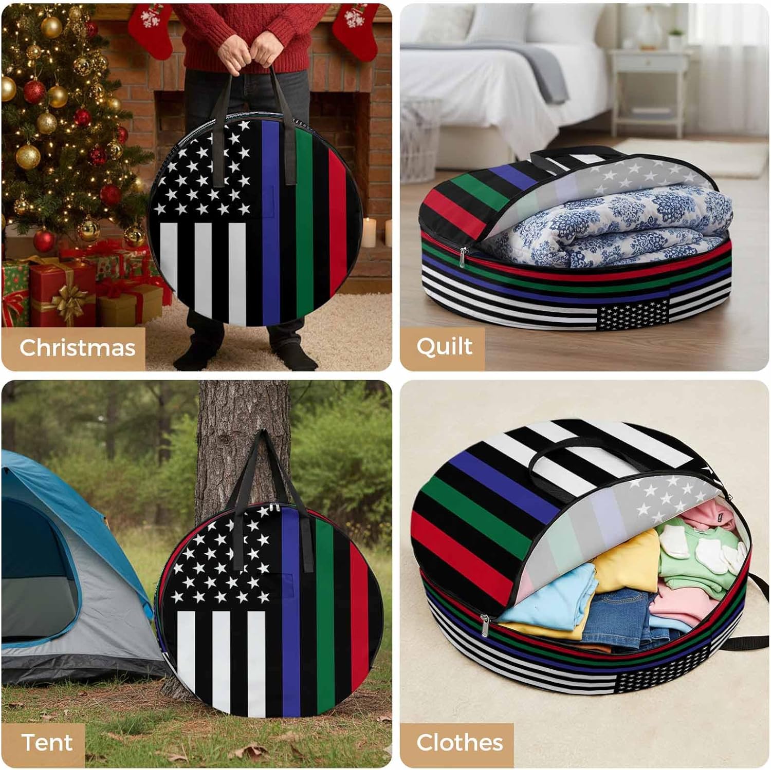 Independence Day Round Storage Bag 36 Inch, American Flag Red Green Blue Stripe Clothes Storage Container with Handles Heavy Duty Organizer for Comforter, Bedding & Holiday Wreaths