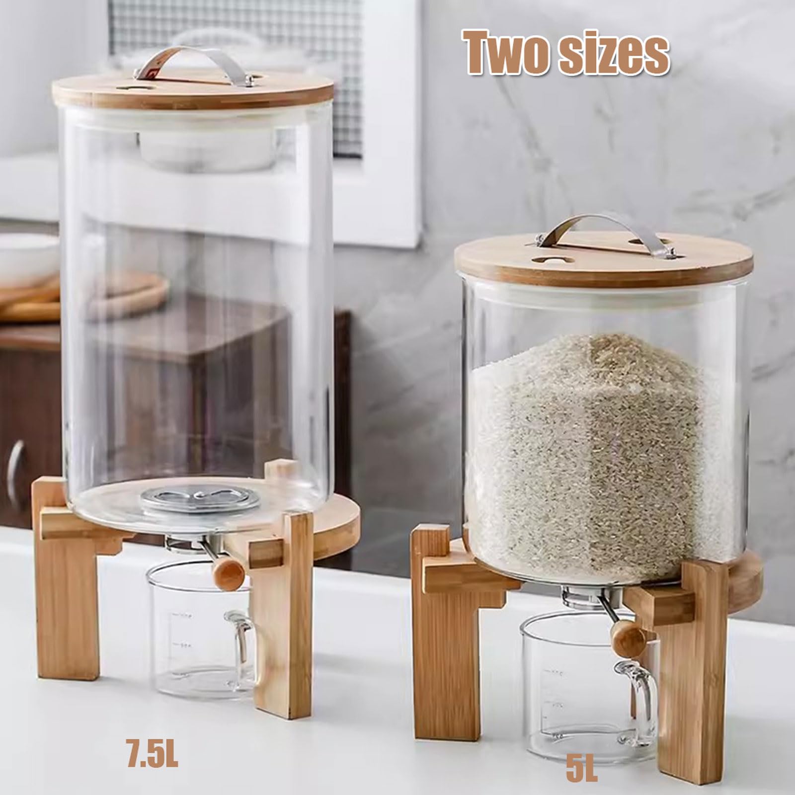Distributeur de Riz, 5/7.5L, Distributeurs de Céréales avec Tasse à Mesurer de 500ml et Couvercle Hermétique, Récipient de Stockage de Riz Cuisine pour Garder Au Sec (5L)