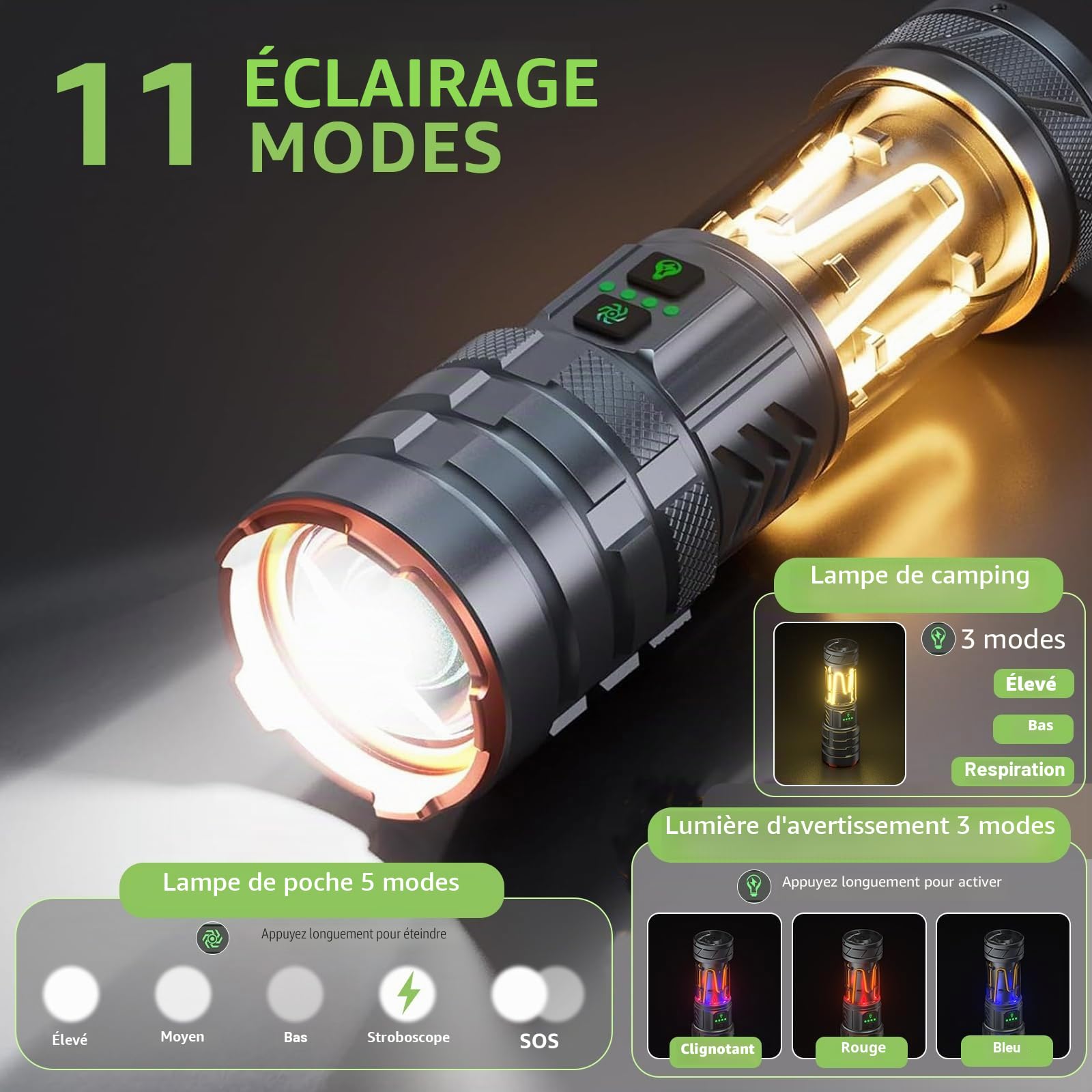 Lampe Torche LED Ultra Puissante, 900000 Lumens Lampe Torche Rechargeable avec Lumière Camping, Zoomable, 11 Modes, Étanche Portable Tactique Militaire Lampe de Poche pour Camping Randonnée Urgence