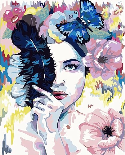 Tucocoo Hermosa mujer pintura por números para adultos, kits de pintura al óleo sobre lienzo con pinceles y pigmento acrílico, flores y mariposas,