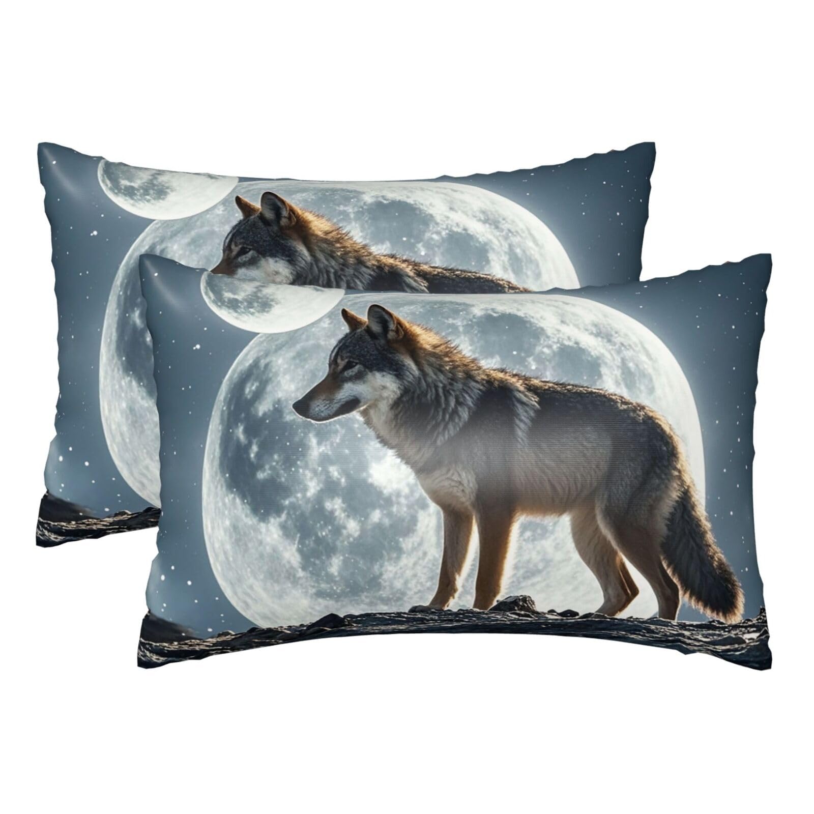 Silk Pillowcases Set of 2 Pillow Shams Breathable Soft Pillow Covers with Envelope Closure wolf under moon Pillowcases Standard Size 20x30 Inches Washed Pillow Cases for Hair and Skin