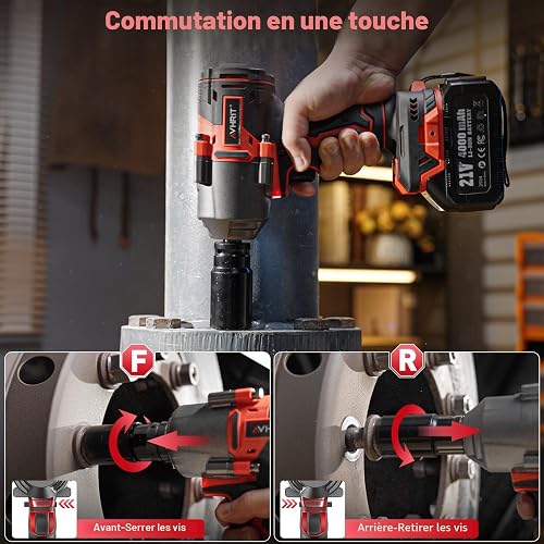 Avhrit 1600 N.m Clé à Choc Sans Fil Brushless avec Deux 4000mAh batteries, 1/2" Boulonneuse à Choc Électrique pour la voiture et la Maison, avec 5 Douilles à Chocs - 7