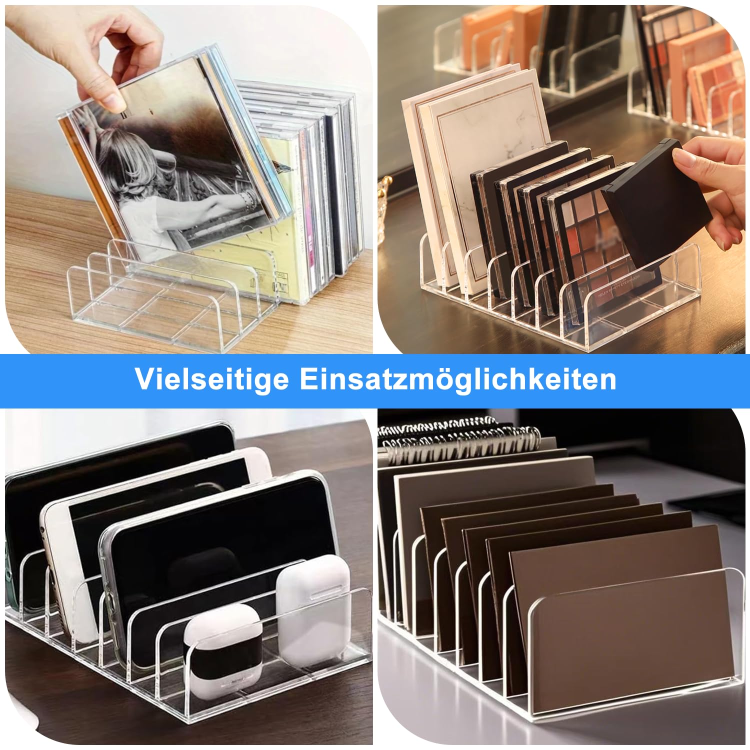 Porta-CD trasparente, 4 pezzi, in acrilico, per CD, CD, DVD, organizer per cosmetici, vassoio CD per cassette, cassette da gioco, libri